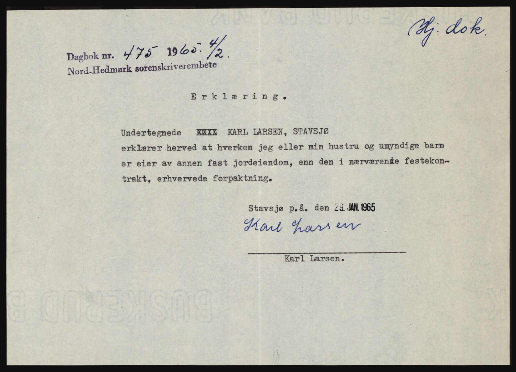 Nord-Hedmark sorenskriveri, AV/SAH-TING-012/H/Hc/L0021: Mortgage book no. 21, 1964-1965, Diary no: : 475/1965