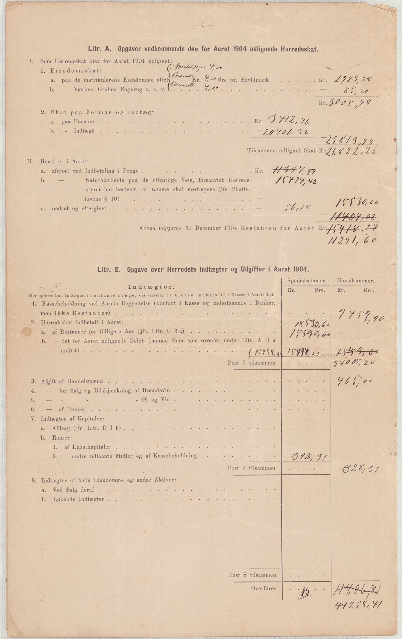 Finnaas kommune. Heradskassen, IKAH/1218a-121/R/Ra/Raa/L0001/0001: Årsrekneskap / Utdrag av kommunerekneskapet, 1904-1910, p. 2