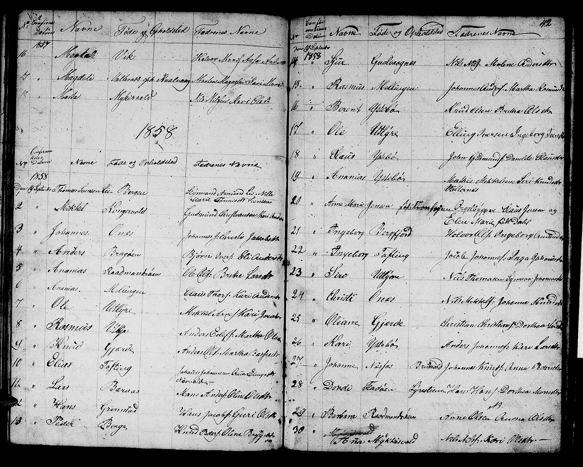 Alversund Sokneprestembete, SAB/A-73901/H/Ha/Hab: Parish register (copy) no. B 1, 1852-1865, p. 42