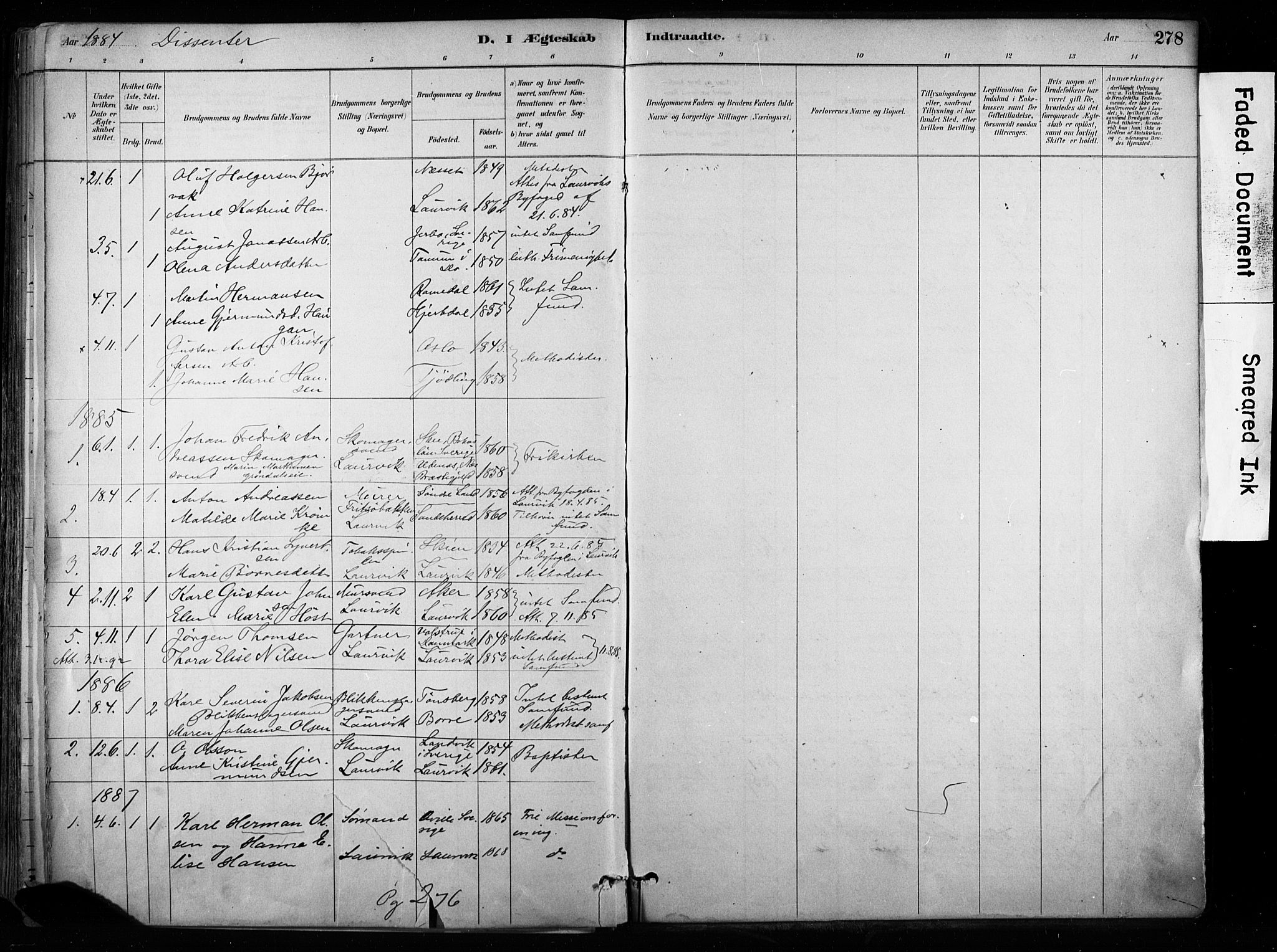 Larvik kirkebøker, SAKO/A-352/F/Fa/L0008: Parish register (official) no. I 8, 1884-1902, p. 278