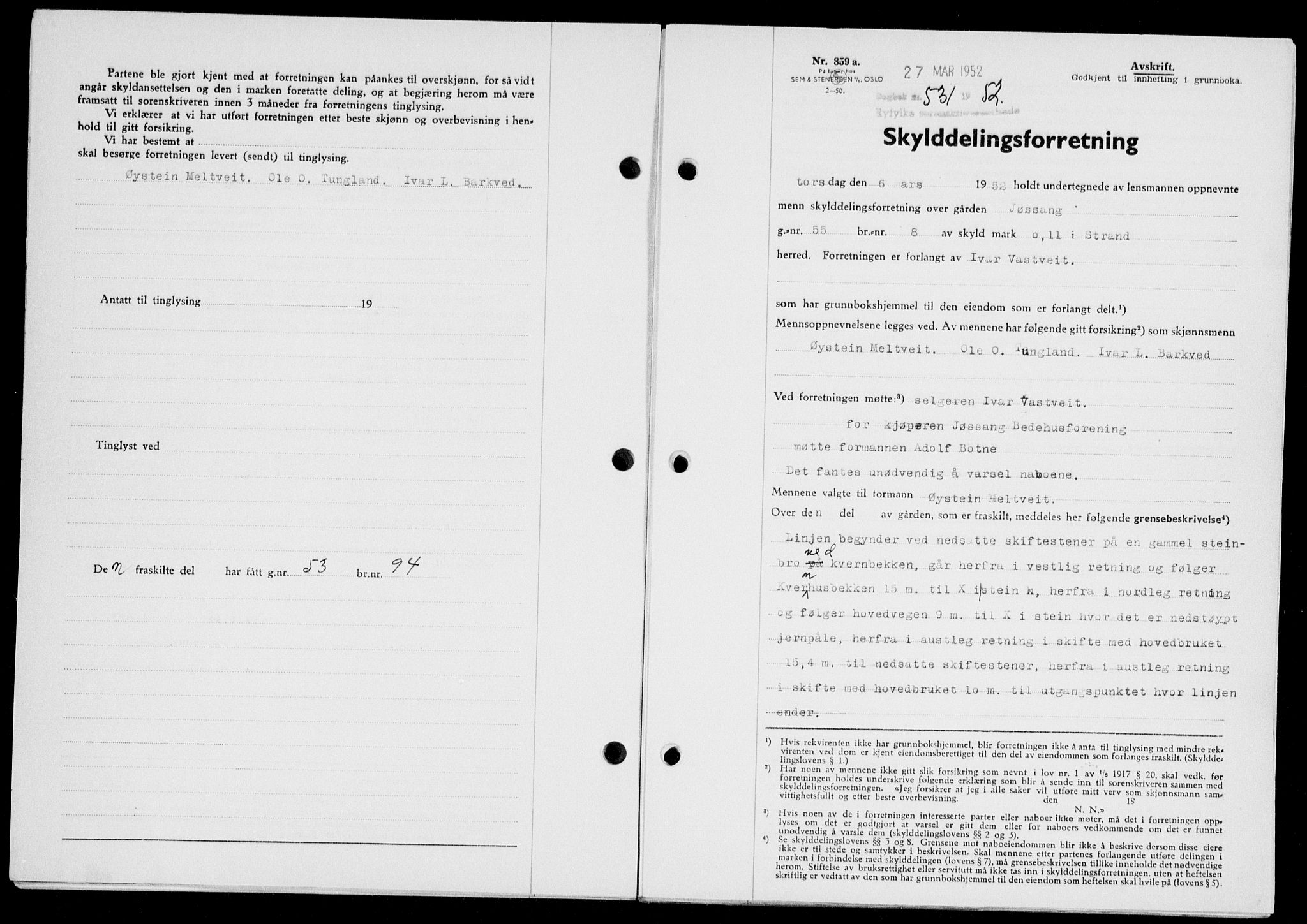 Ryfylke tingrett, SAST/A-100055/001/II/IIB/L0116: Mortgage book no. 95, 1951-1952, Diary no: : 531/1952