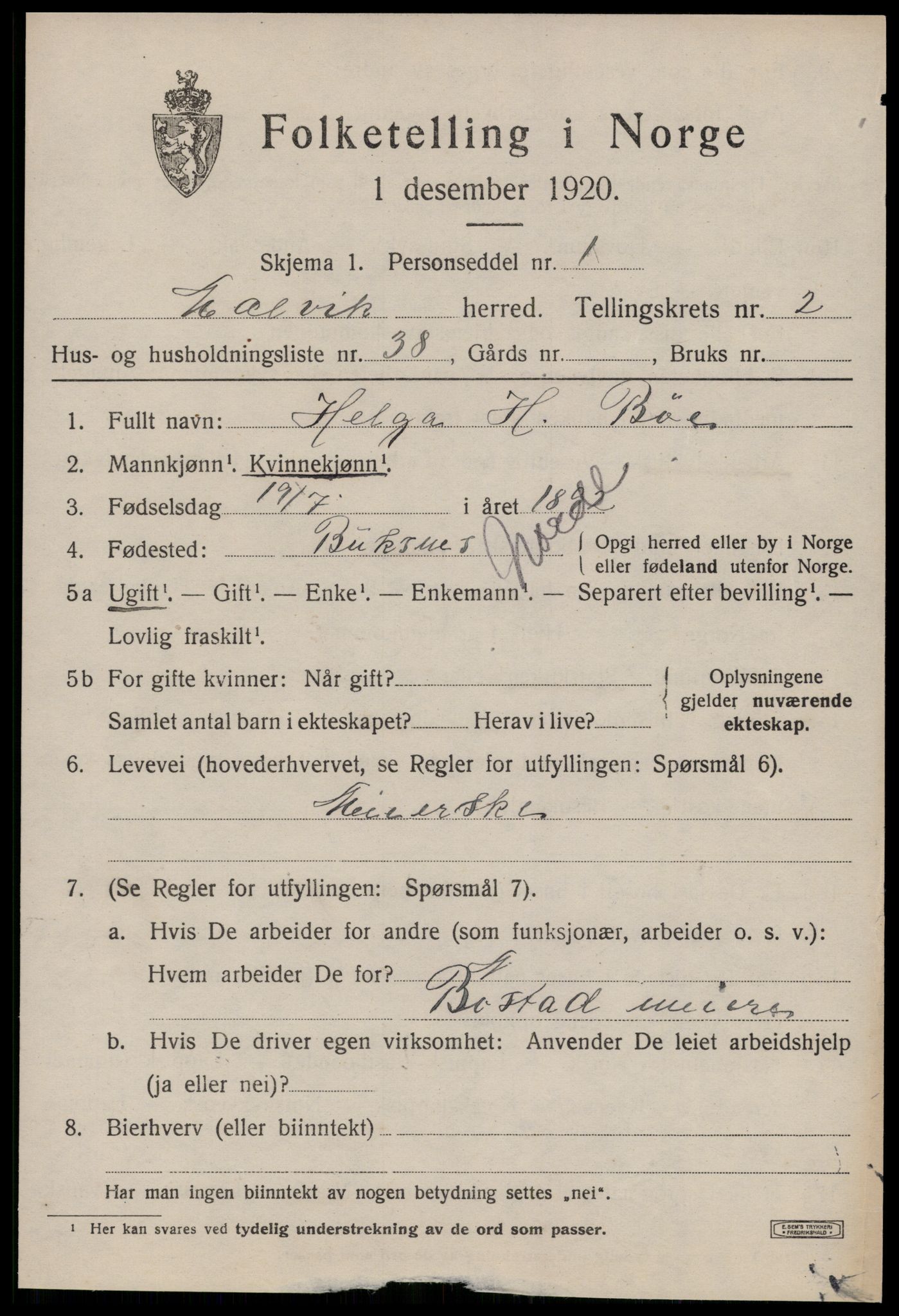 SAT, 1920 census for Malvik, 1920, p. 2270