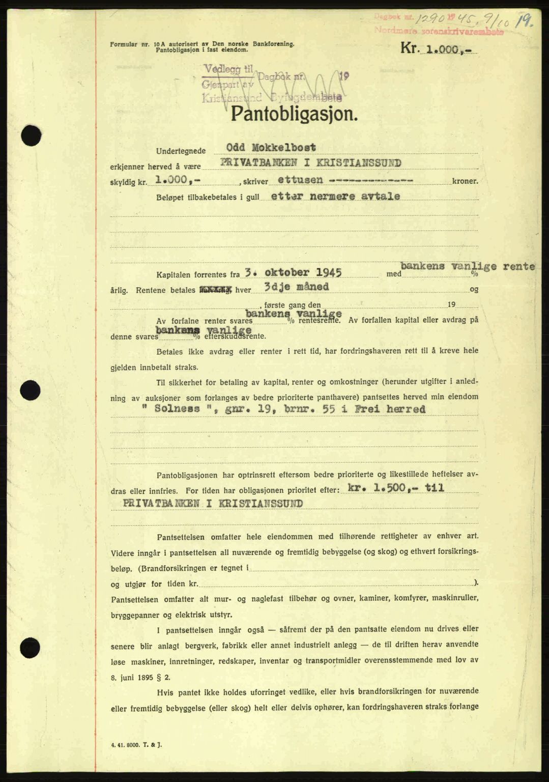 Nordmøre sorenskriveri, AV/SAT-A-4132/1/2/2Ca: Mortgage book no. B93a, 1945-1945, Diary no: : 1290/1945