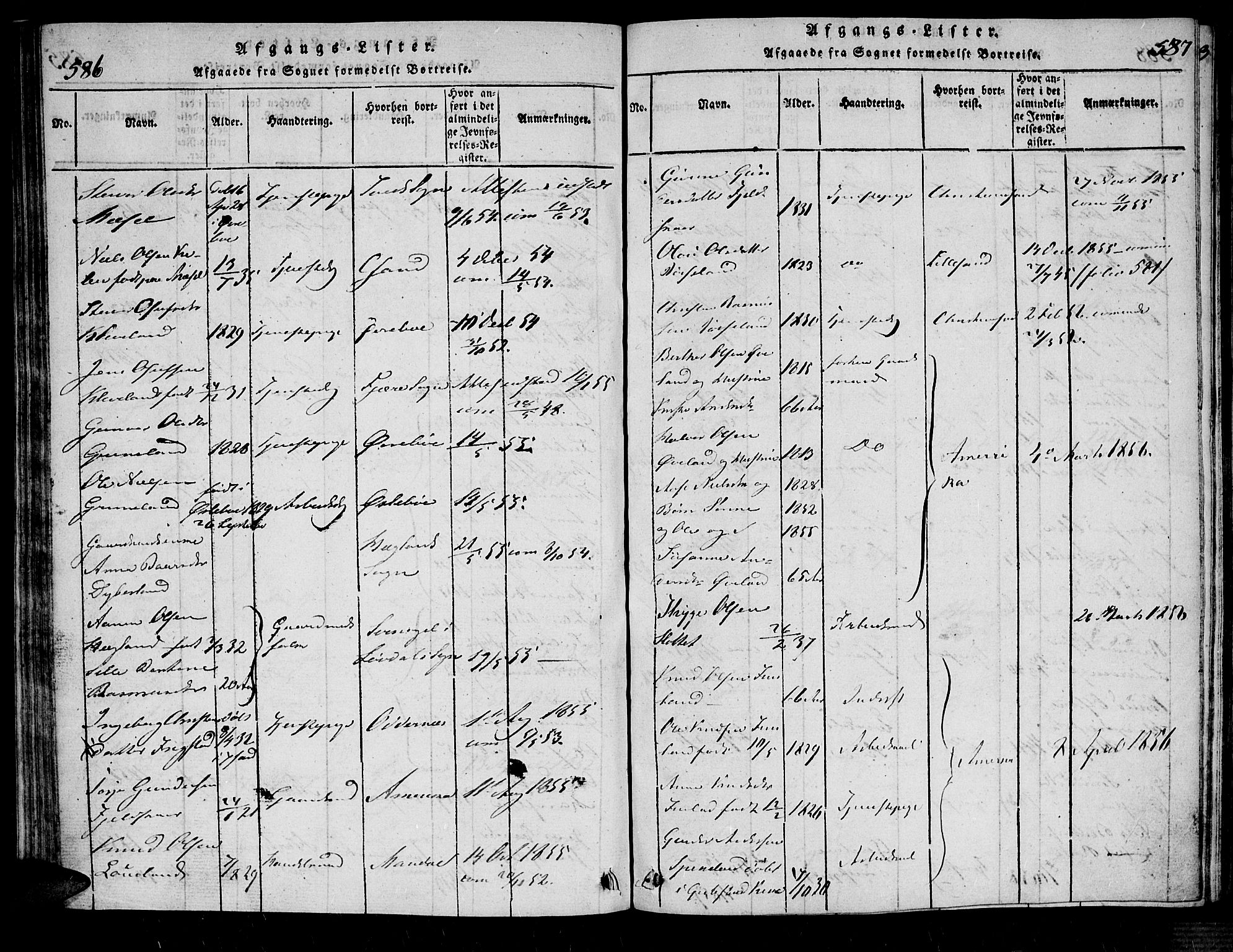 Bjelland sokneprestkontor, AV/SAK-1111-0005/F/Fa/Fab/L0002: Parish register (official) no. A 2, 1816-1869, p. 586-587