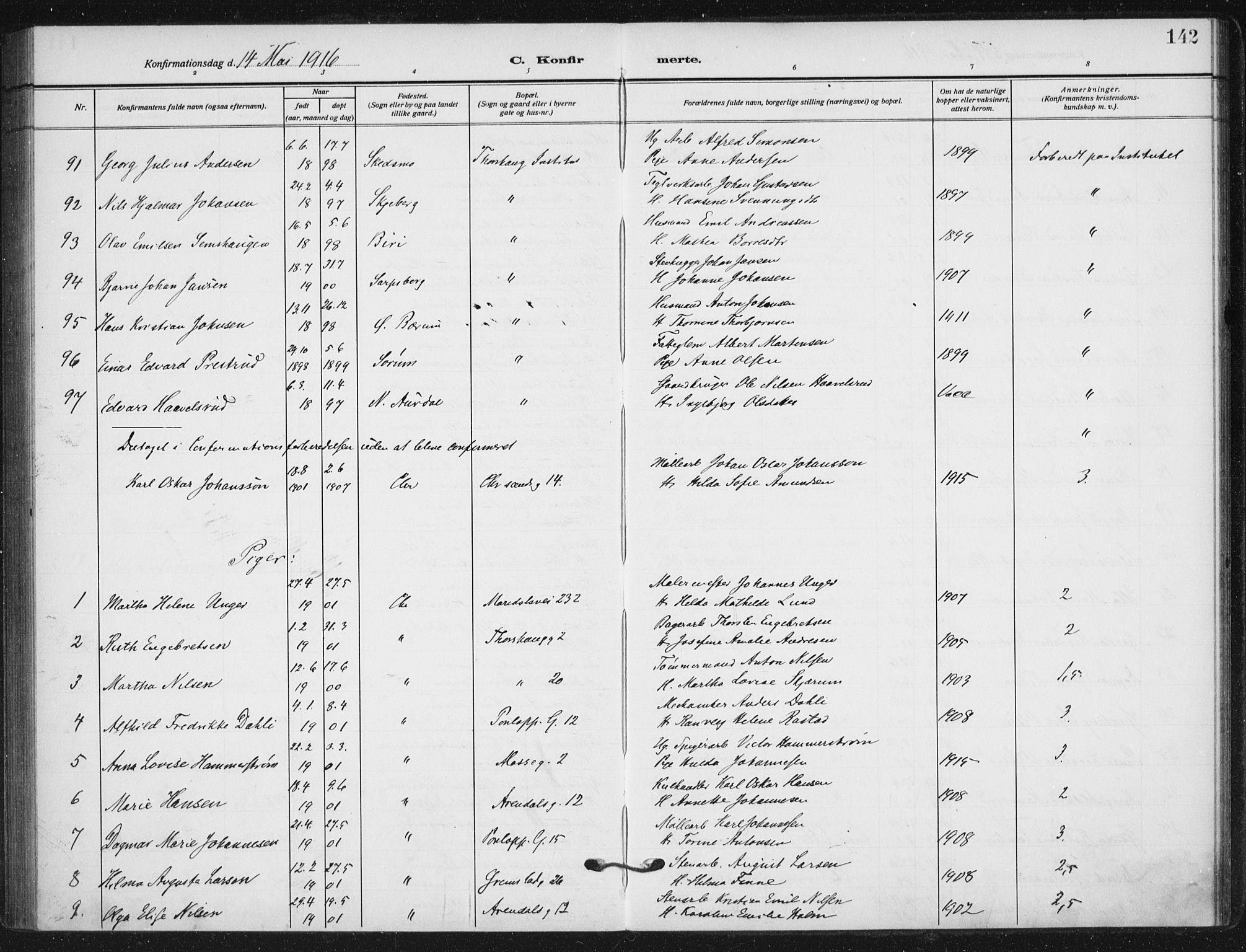 Sagene prestekontor Kirkebøker, AV/SAO-A-10796/F/L0008: Parish register (official) no. 8, 1910-1919, p. 142