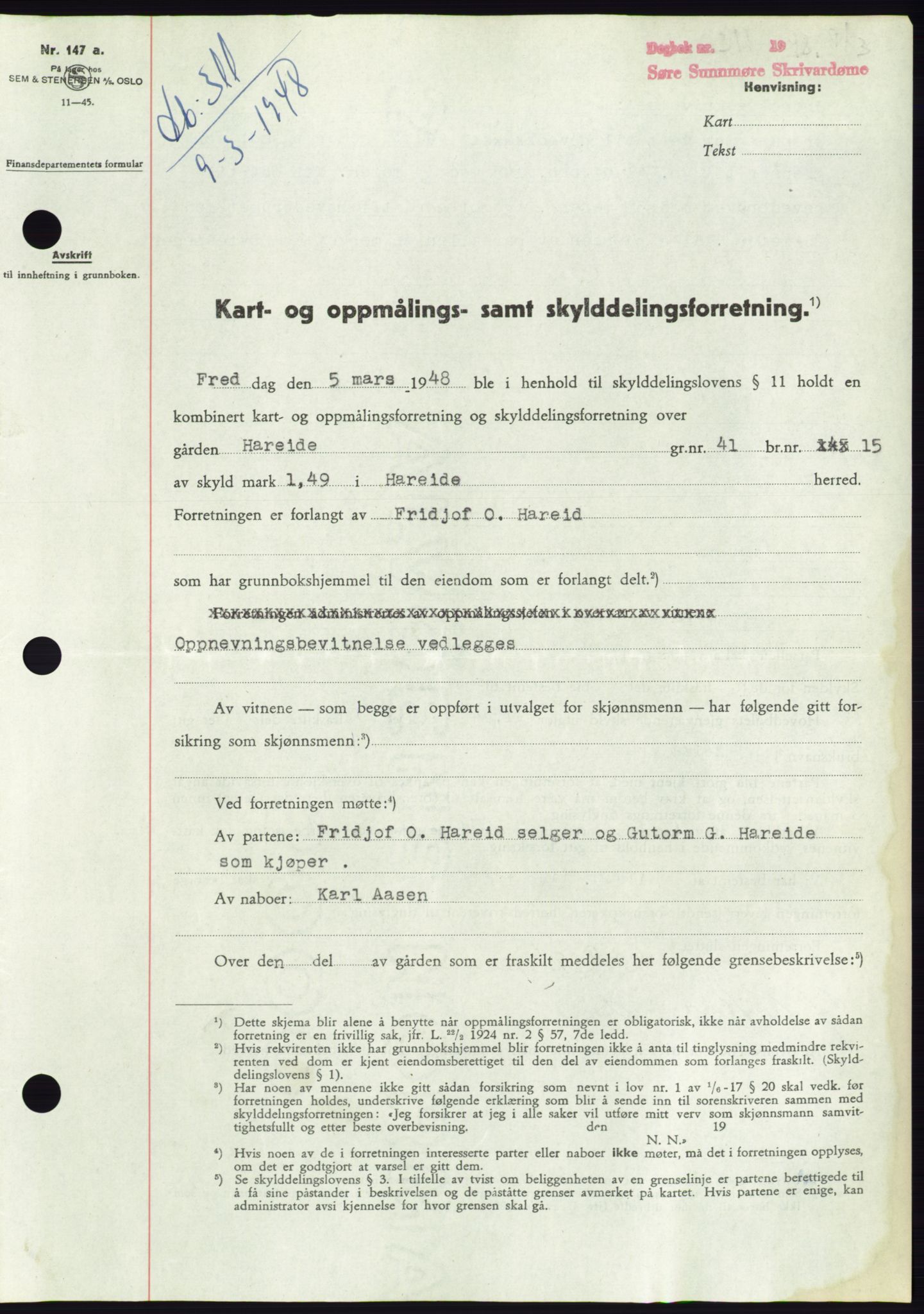 Søre Sunnmøre sorenskriveri, AV/SAT-A-4122/1/2/2C/L0082: Mortgage book no. 8A, 1948-1948, Diary no: : 311/1948