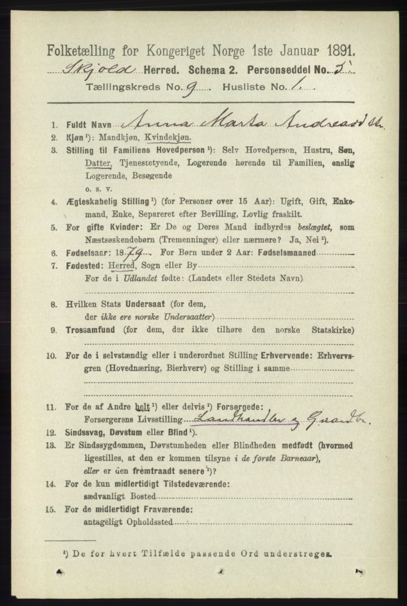 RA, 1891 census for 1154 Skjold, 1891, p. 1787