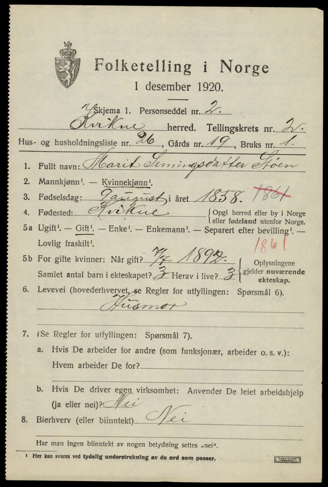 SAH, 1920 census for Kvikne, 1920, p. 1262