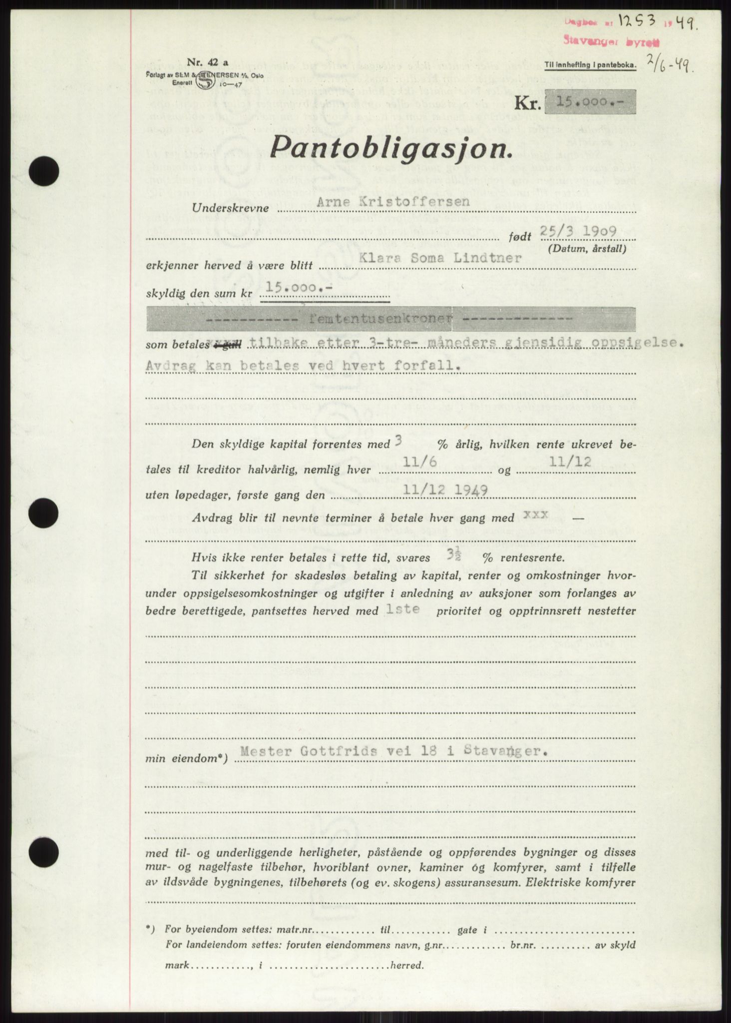 Stavanger byrett, SAST/A-100455/002/G/Gb/L0032: Mortgage book, 1947-1950, Diary no: : 1253/1949