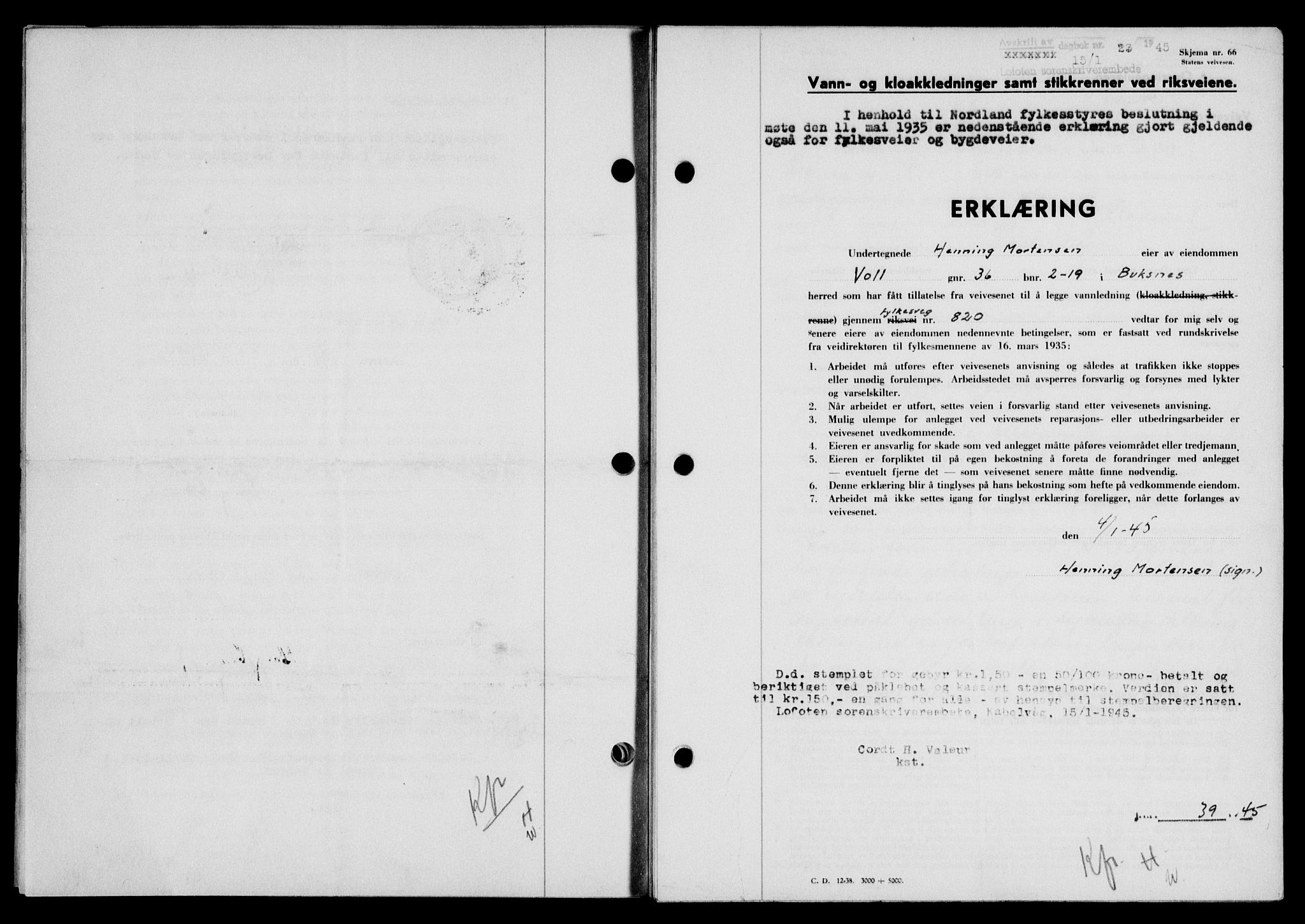 Lofoten sorenskriveri, SAT/A-0017/1/2/2C/L0013a: Mortgage book no. 13a, 1944-1946, Diary no: : 23/1945