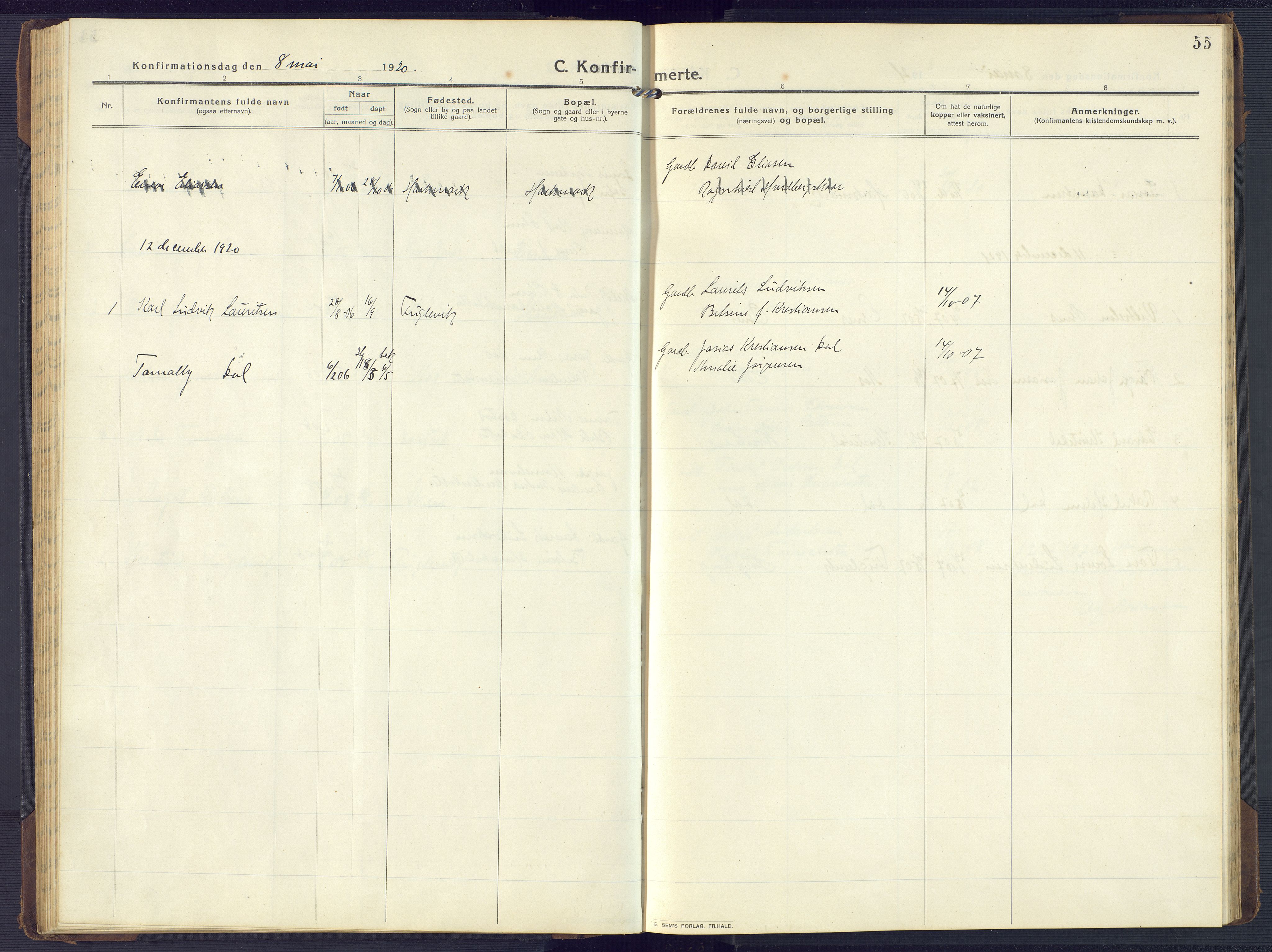 Mandal sokneprestkontor, SAK/1111-0030/F/Fb/Fbb/L0005: Parish register (copy) no. B 5, 1913-1957, p. 55