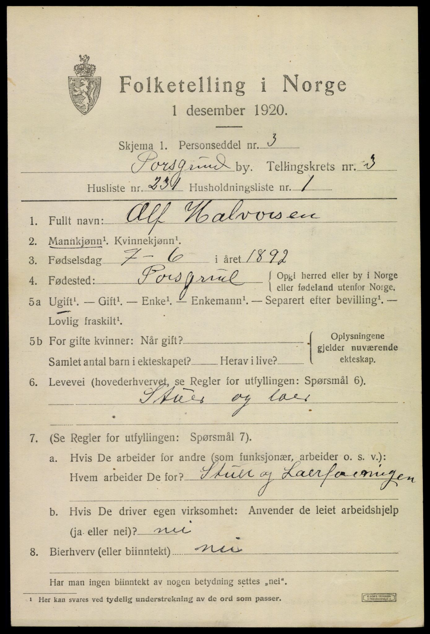 SAKO, 1920 census for Porsgrunn, 1920, p. 17353