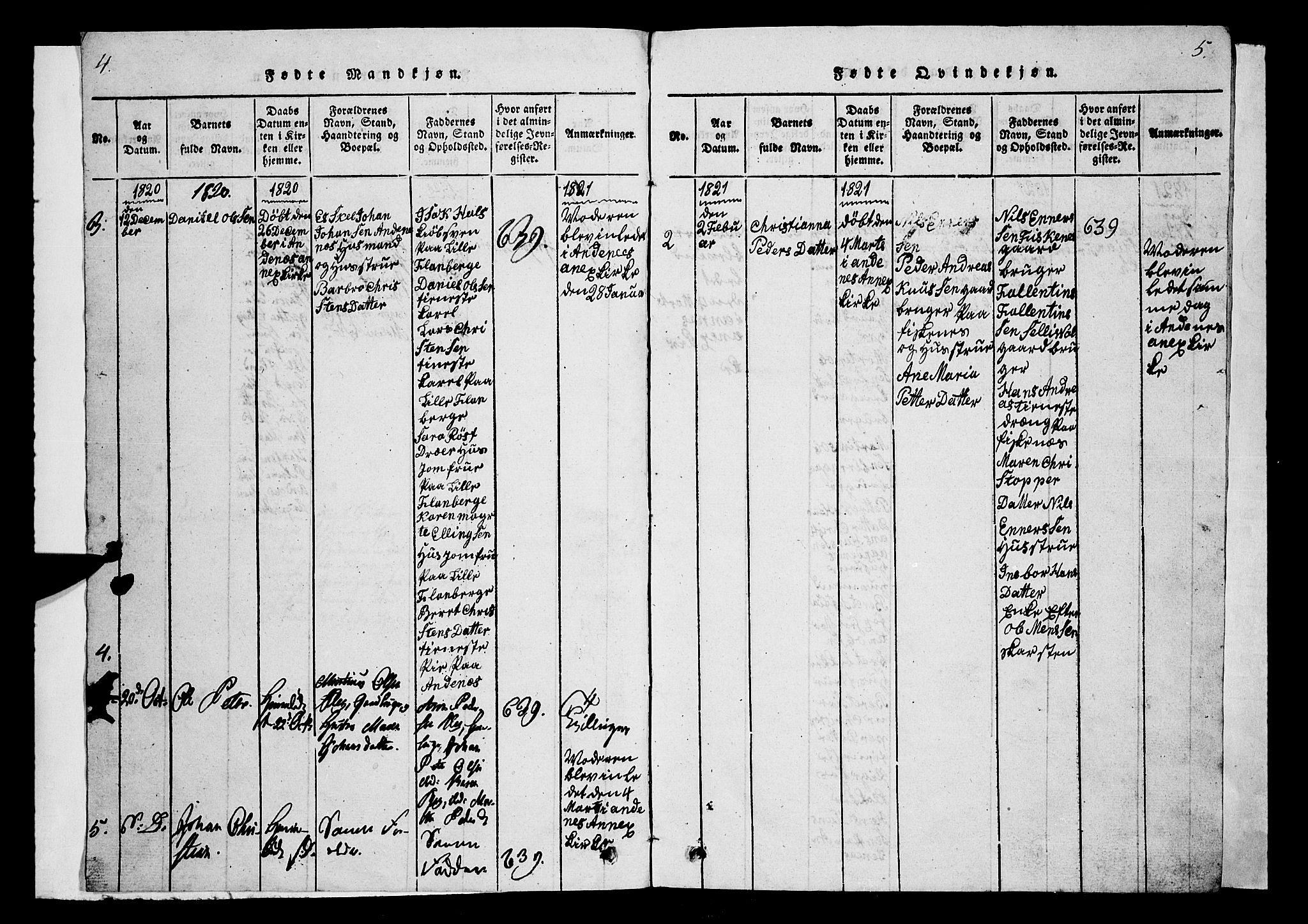 Ministerialprotokoller, klokkerbøker og fødselsregistre - Nordland, SAT/A-1459/899/L1446: Parish register (copy) no. 899C01, 1820-1868, p. 4-5