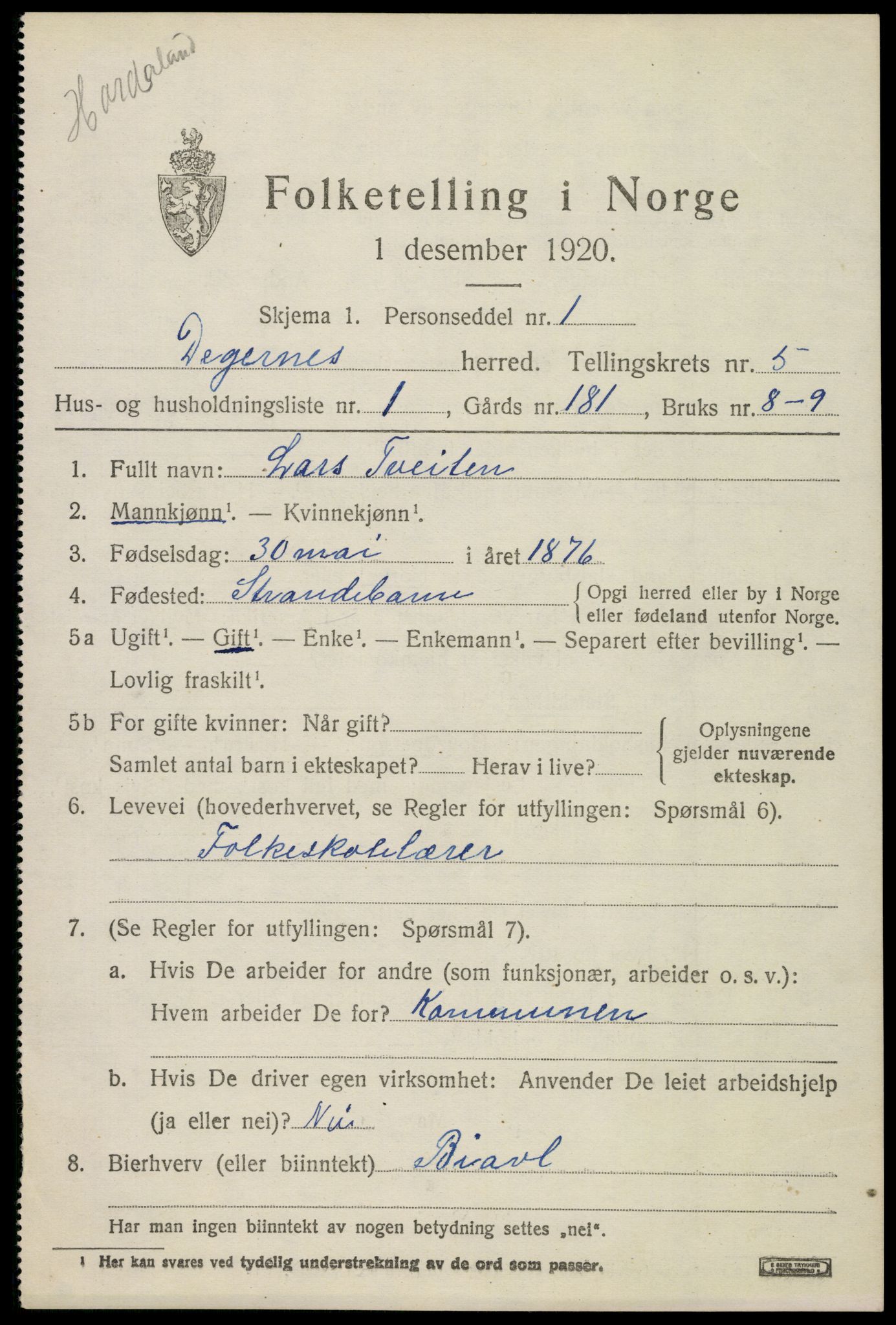 SAO, 1920 census for Degernes, 1920, p. 2740