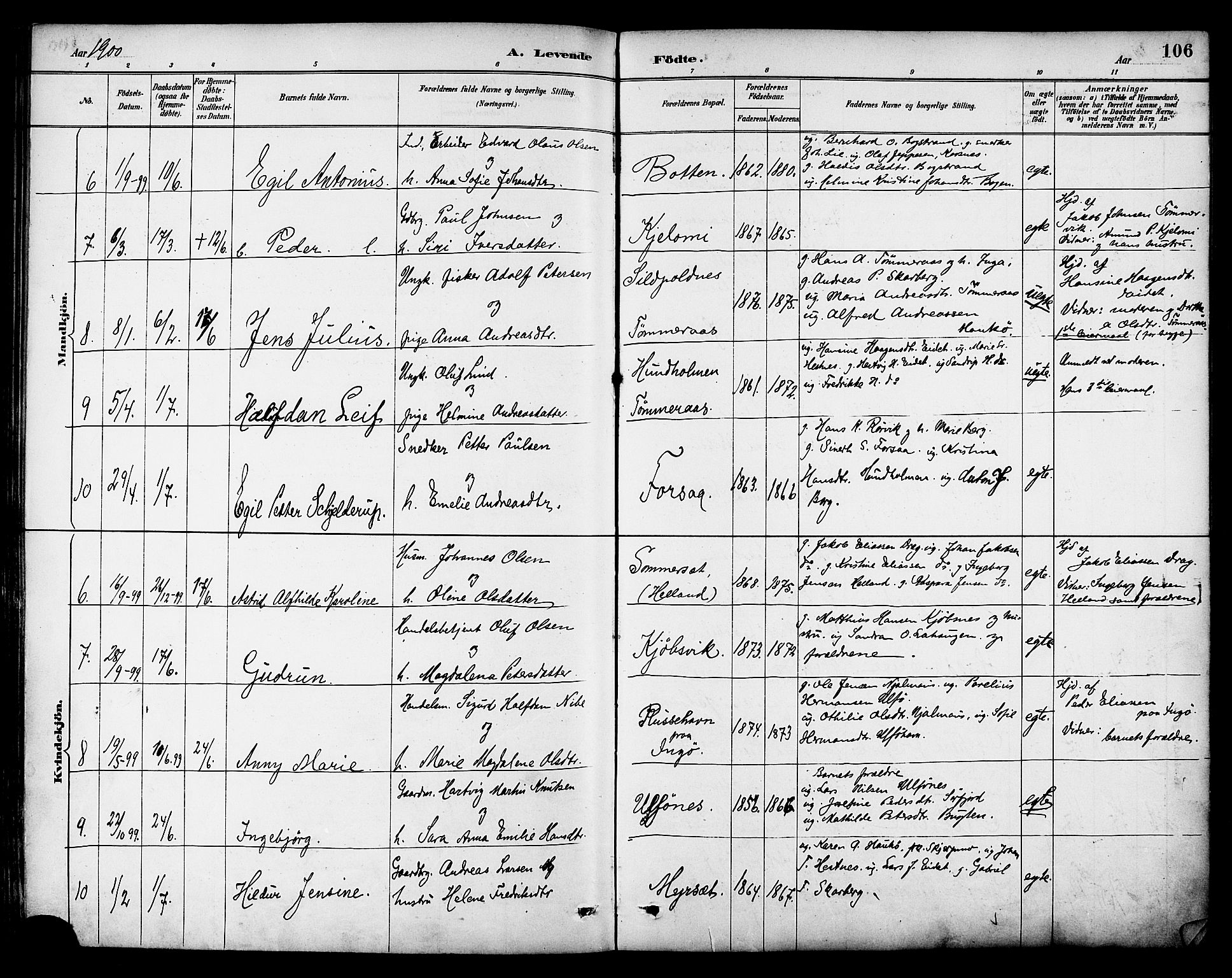 Ministerialprotokoller, klokkerbøker og fødselsregistre - Nordland, AV/SAT-A-1459/861/L0869: Parish register (official) no. 861A04, 1889-1903, p. 106