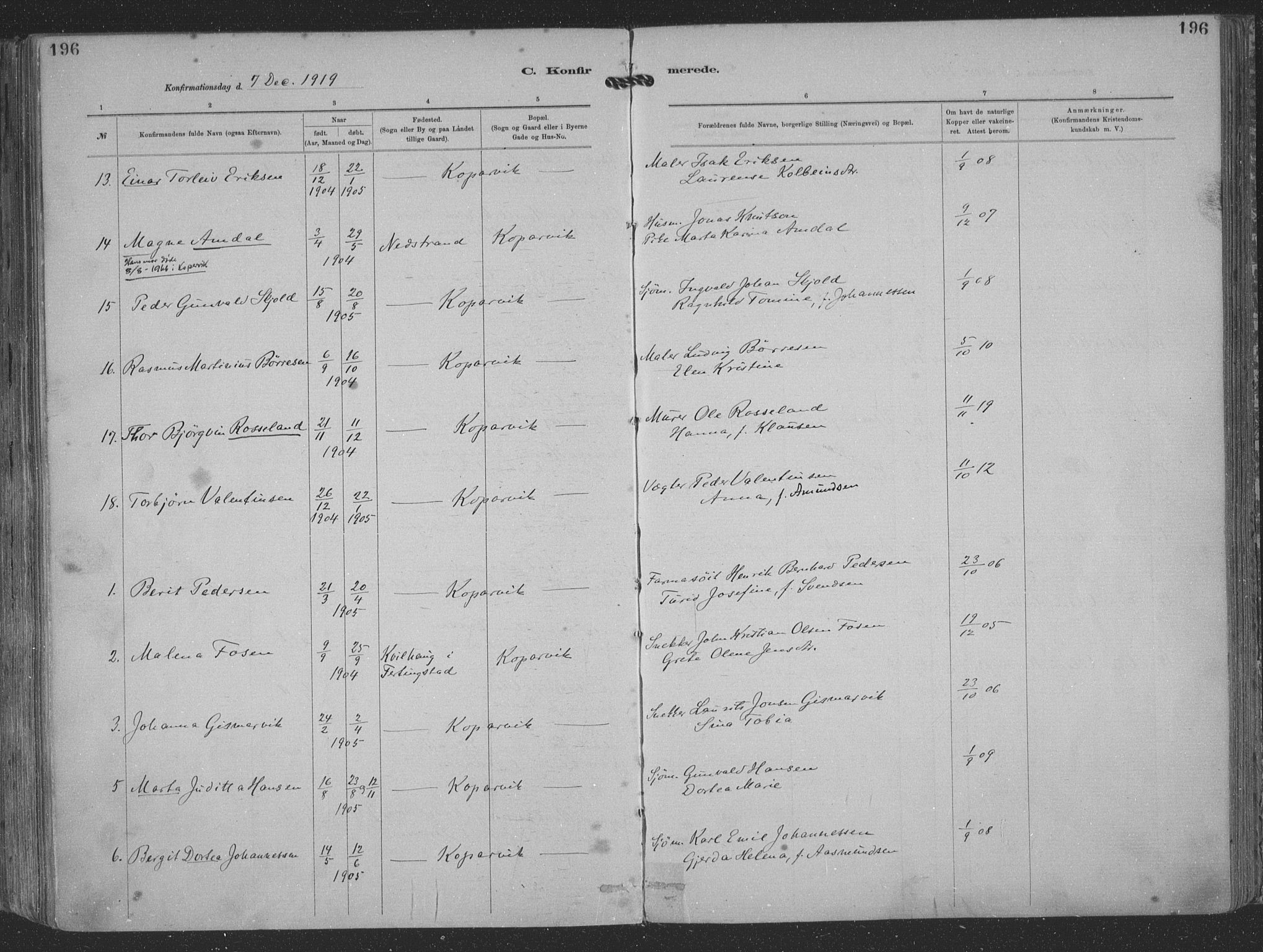 Kopervik sokneprestkontor, AV/SAST-A-101850/H/Ha/Haa/L0001: Parish register (official) no. A 1, 1880-1919, p. 196