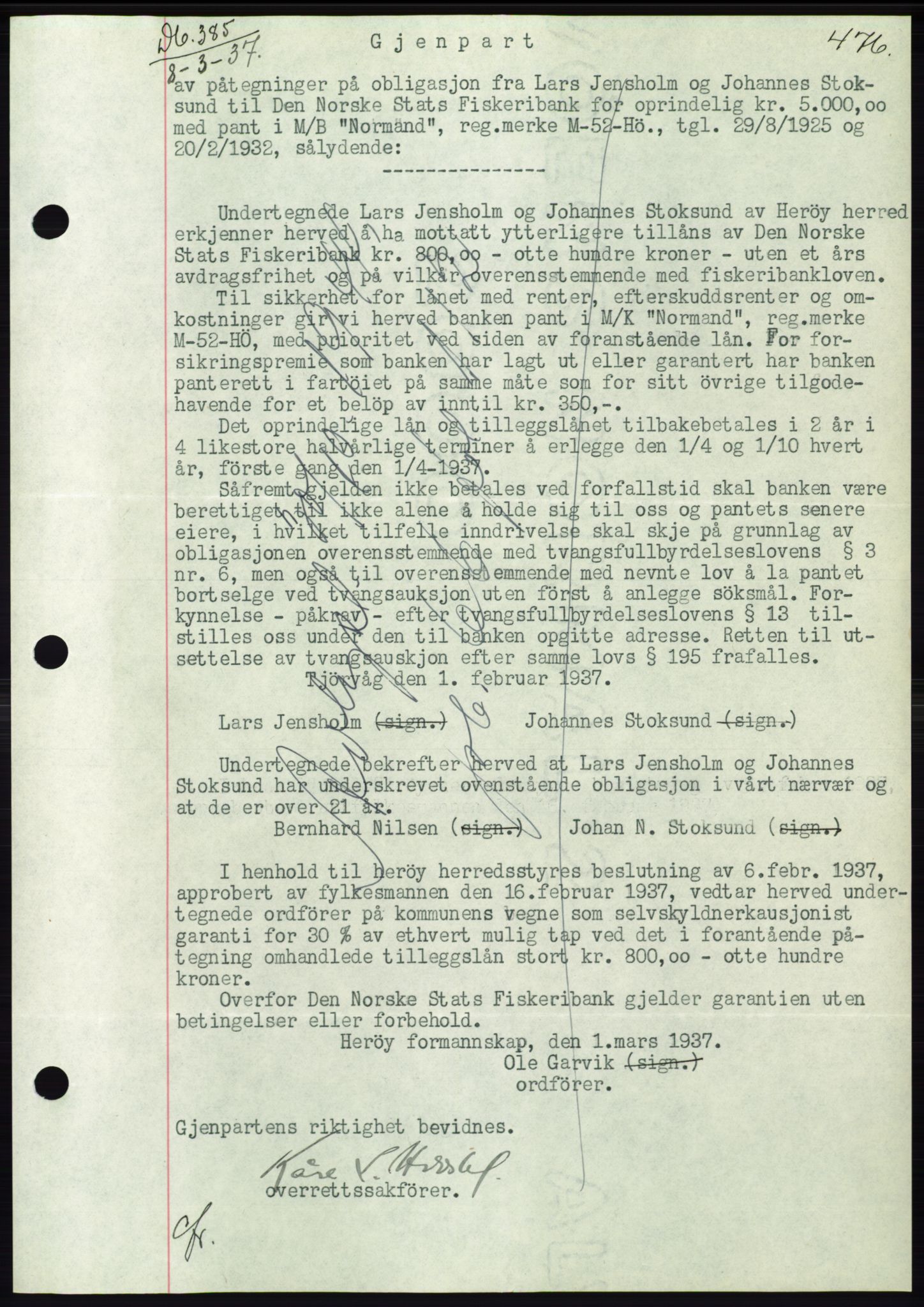 Søre Sunnmøre sorenskriveri, AV/SAT-A-4122/1/2/2C/L0062: Mortgage book no. 56, 1936-1937, Diary no: : 385/1937