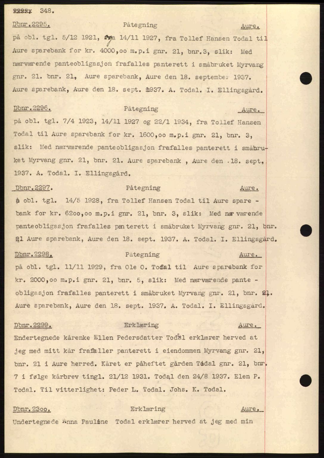 Nordmøre sorenskriveri, AV/SAT-A-4132/1/2/2Ca: Mortgage book no. C80, 1936-1939, Diary no: : 2295/1937