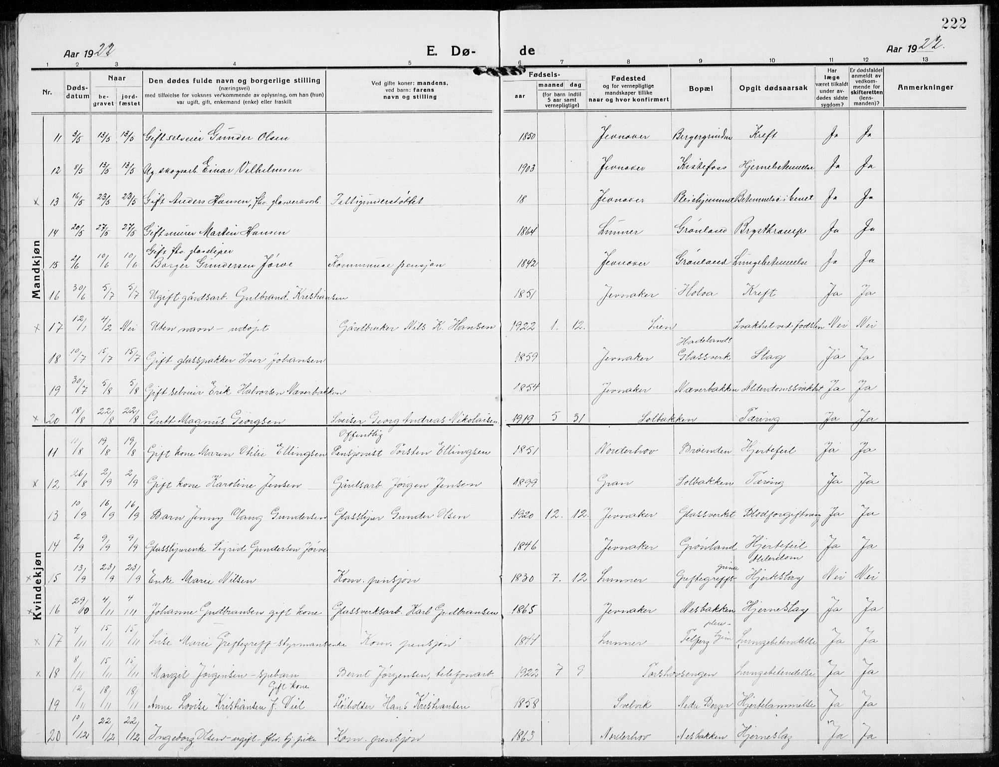 Jevnaker prestekontor, SAH/PREST-116/H/Ha/Hab/L0005: Parish register (copy) no. 5, 1919-1934, p. 222