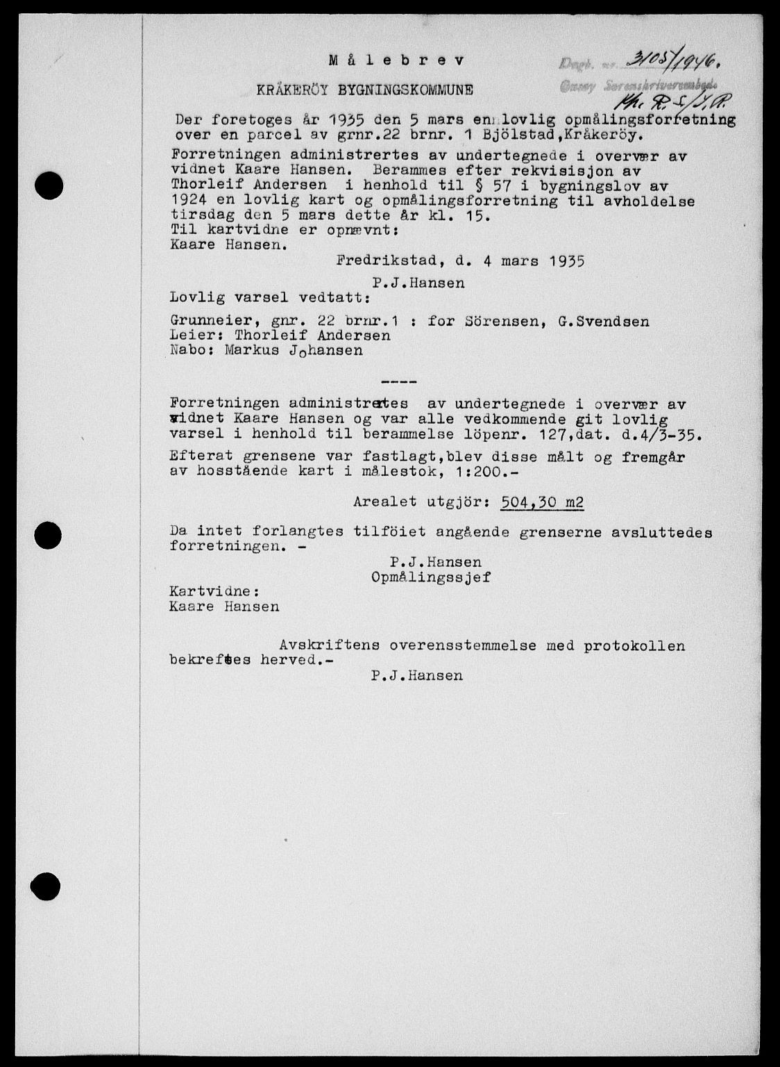 Onsøy sorenskriveri, SAO/A-10474/G/Ga/Gab/L0018: Mortgage book no. II A-18, 1946-1947, Diary no: : 3105/1946