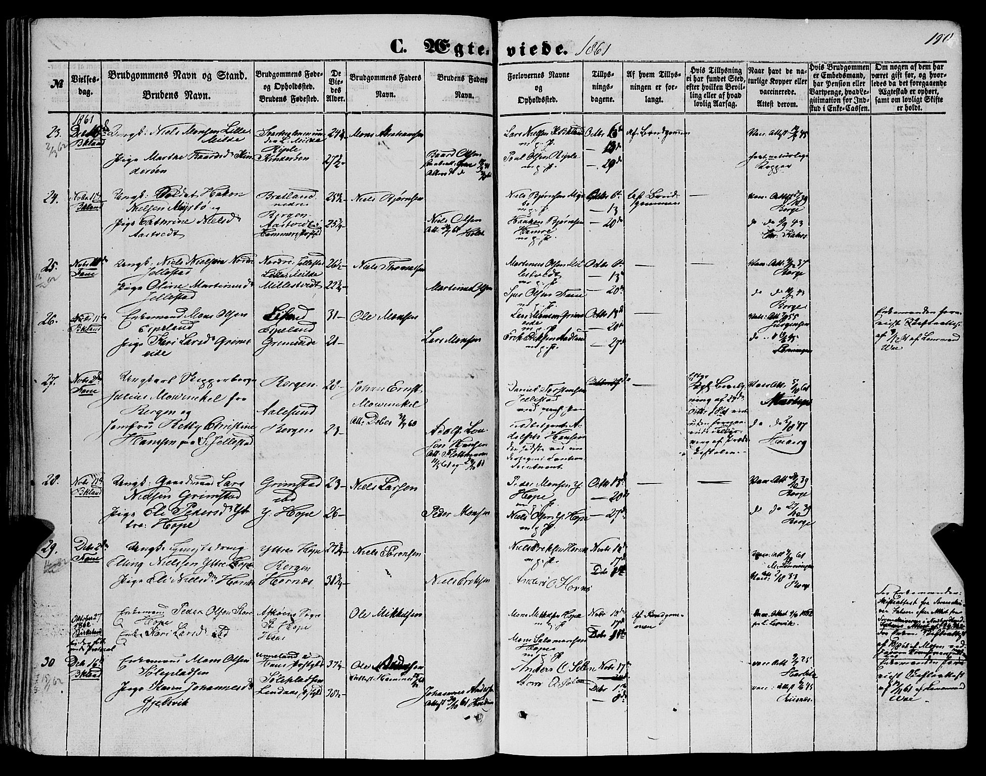 Fana Sokneprestembete, AV/SAB-A-75101/H/Haa/Haaa/L0011: Parish register (official) no. A 11, 1851-1862, p. 190