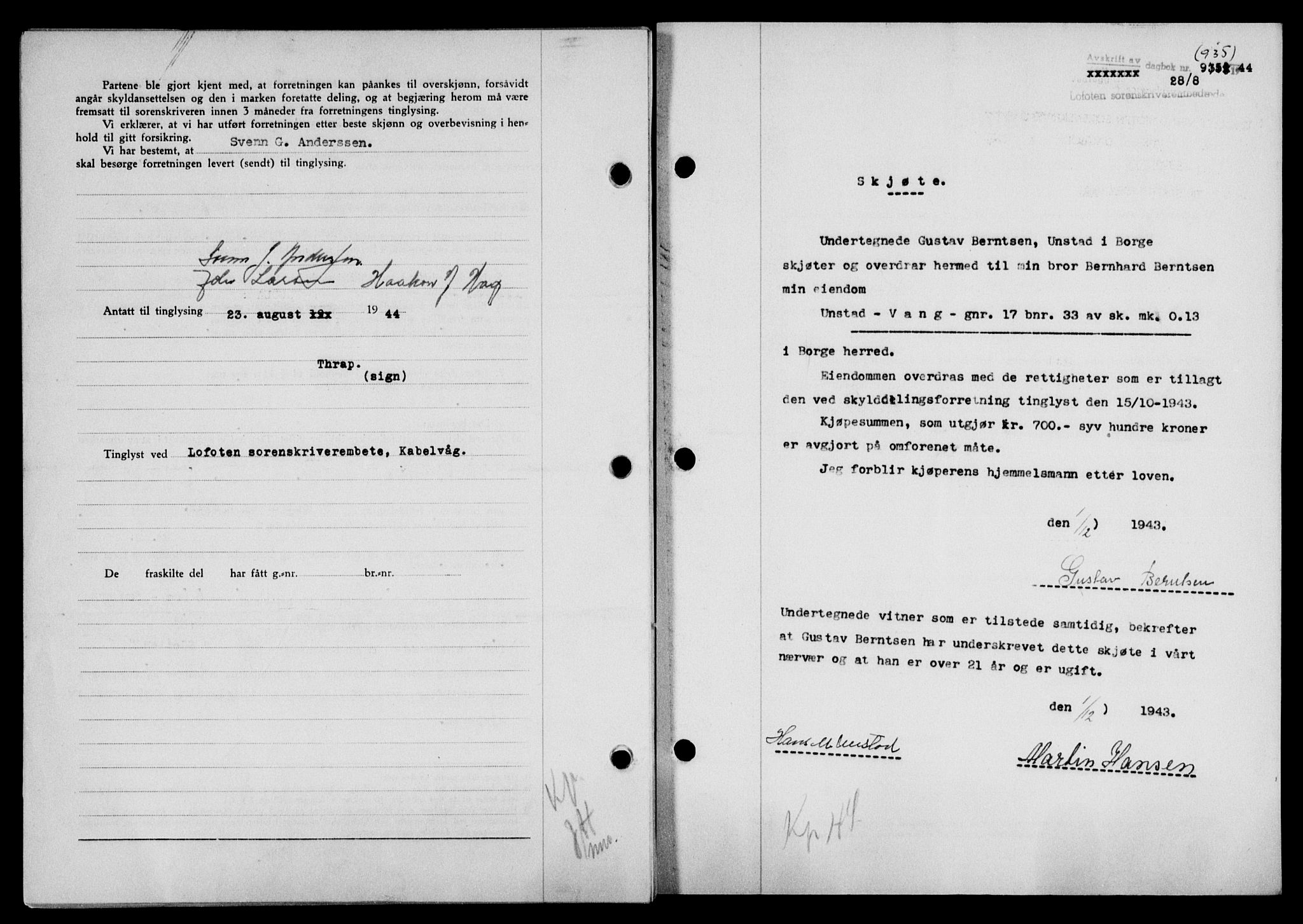 Lofoten sorenskriveri, SAT/A-0017/1/2/2C/L0012a: Mortgage book no. 12a, 1943-1944, Diary no: : 935/1944