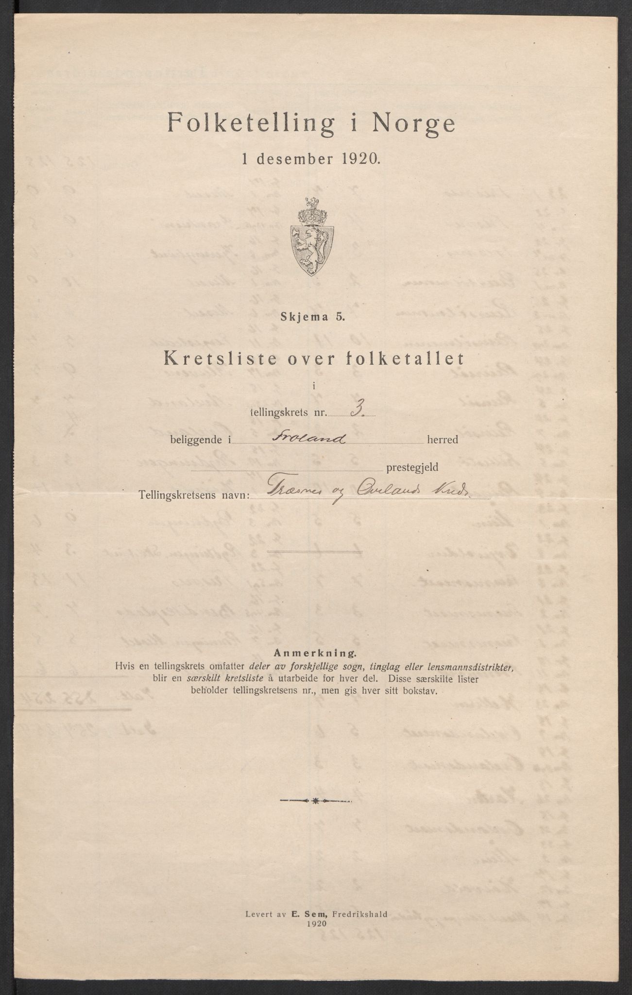 SAK, 1920 census for Froland, 1920, p. 12