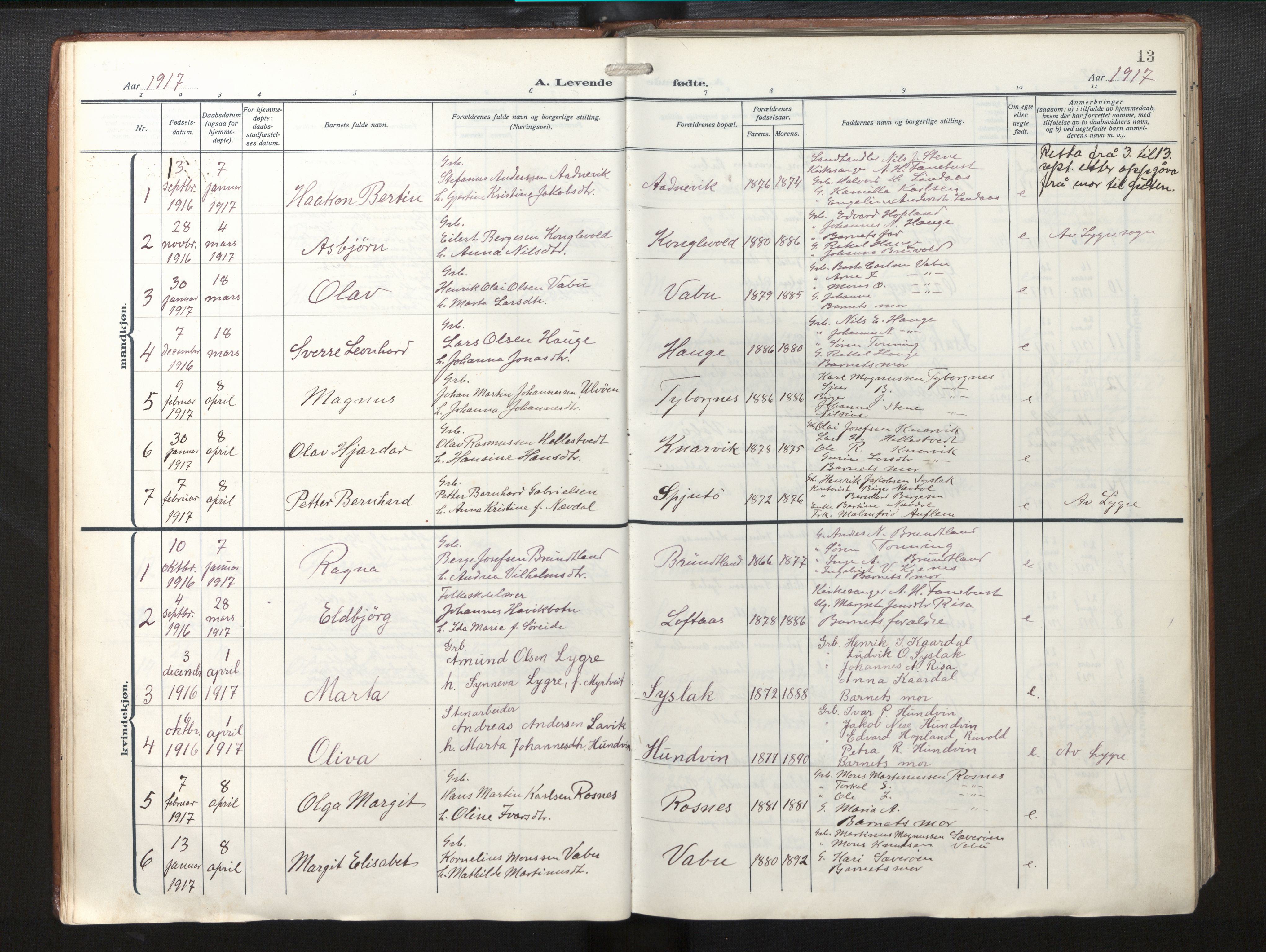 Lindås Sokneprestembete, SAB/A-76701/H/Haa/Haab/L0003: Parish register (official) no. B 3, 1912-1929, p. 13