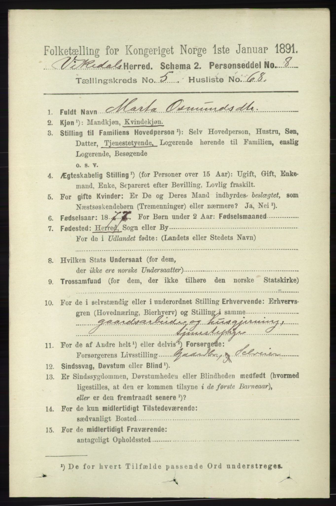 RA, 1891 census for 1157 Vikedal, 1891, p. 1478