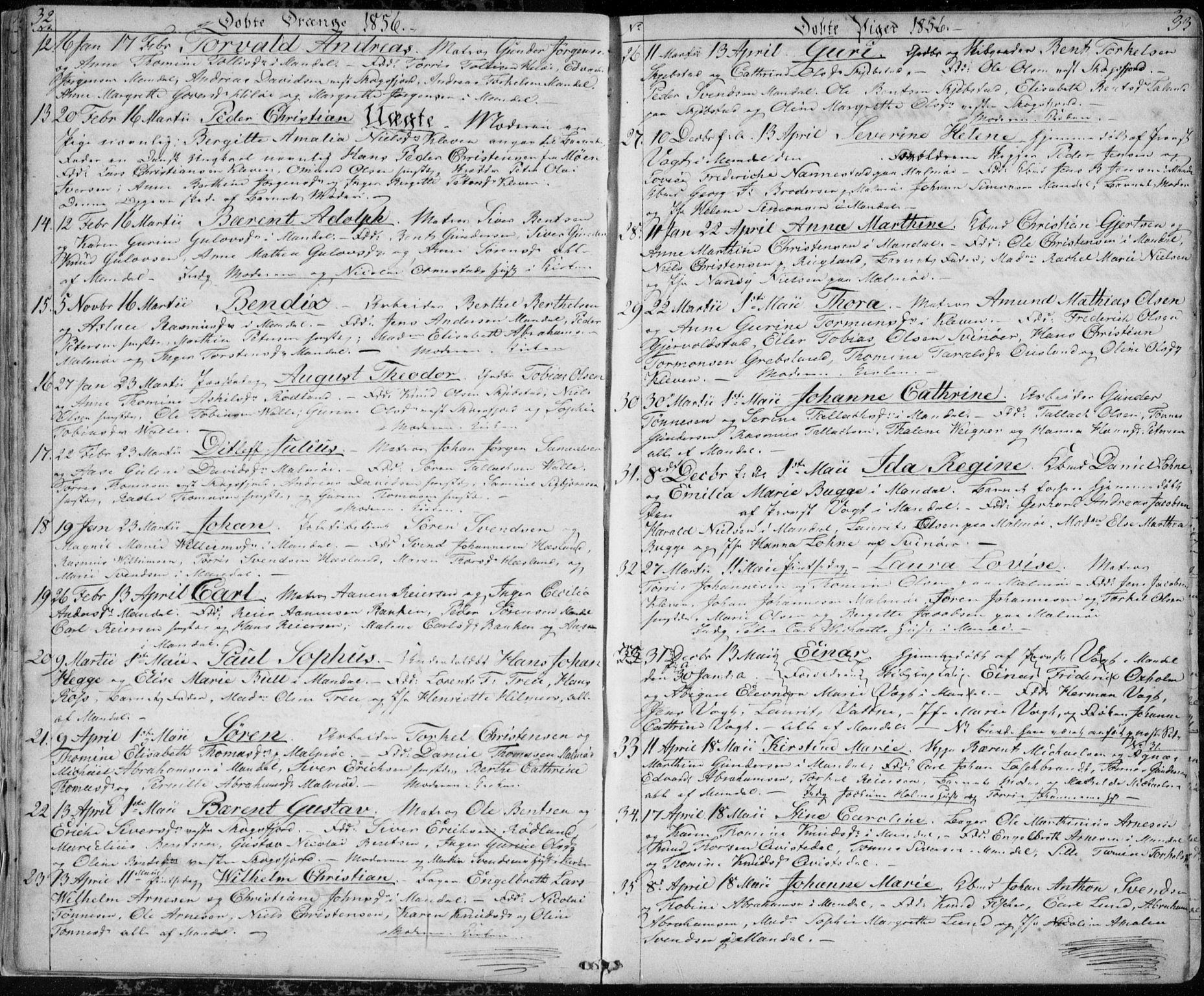 Mandal sokneprestkontor, SAK/1111-0030/F/Fb/Fba/L0008: Parish register (copy) no. B 2, 1854-1868, p. 32-33
