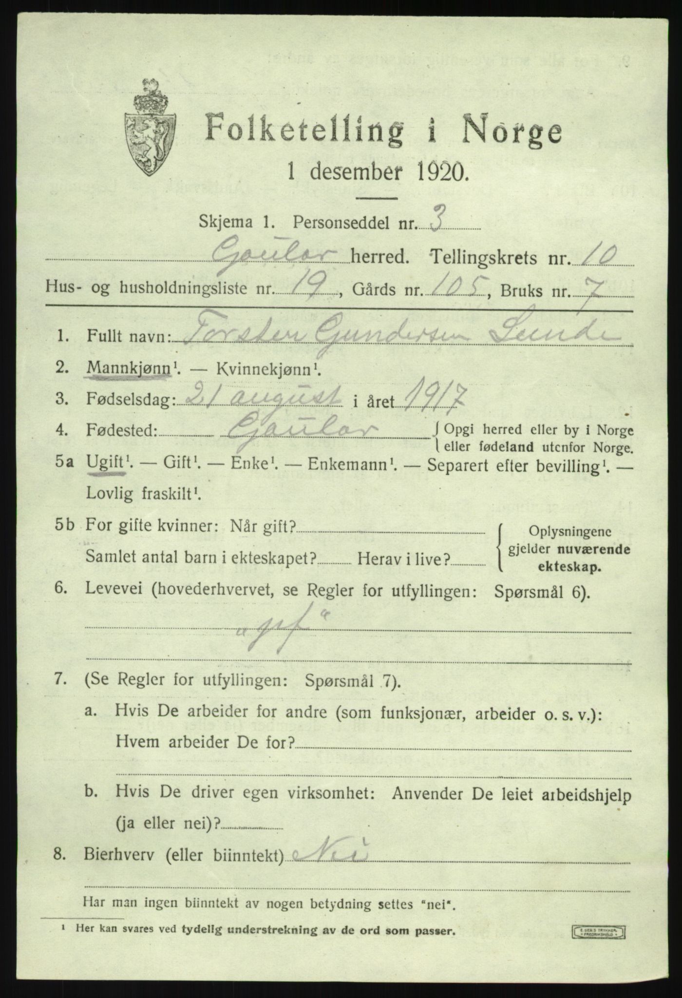 SAB, 1920 census for Gaular, 1920, p. 4962