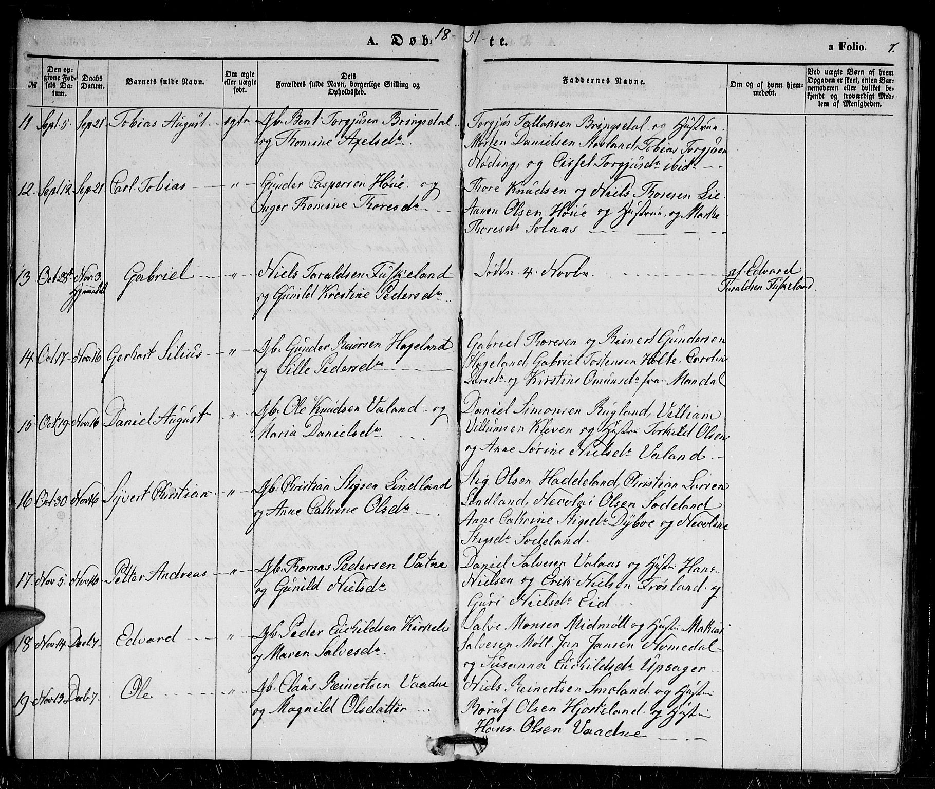 Holum sokneprestkontor, AV/SAK-1111-0022/F/Fb/Fba/L0003: Parish register (copy) no. B 3, 1850-1866, p. 7