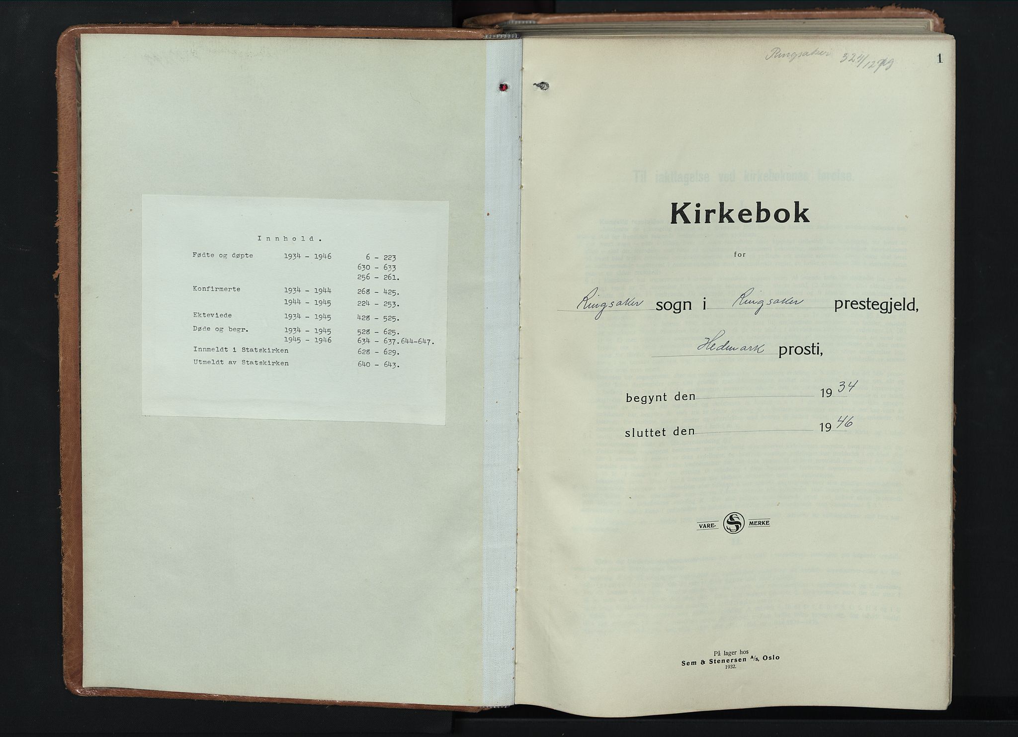 Ringsaker prestekontor, AV/SAH-PREST-014/L/La/L0020: Parish register (copy) no. 20, 1934-1946, p. 0-1