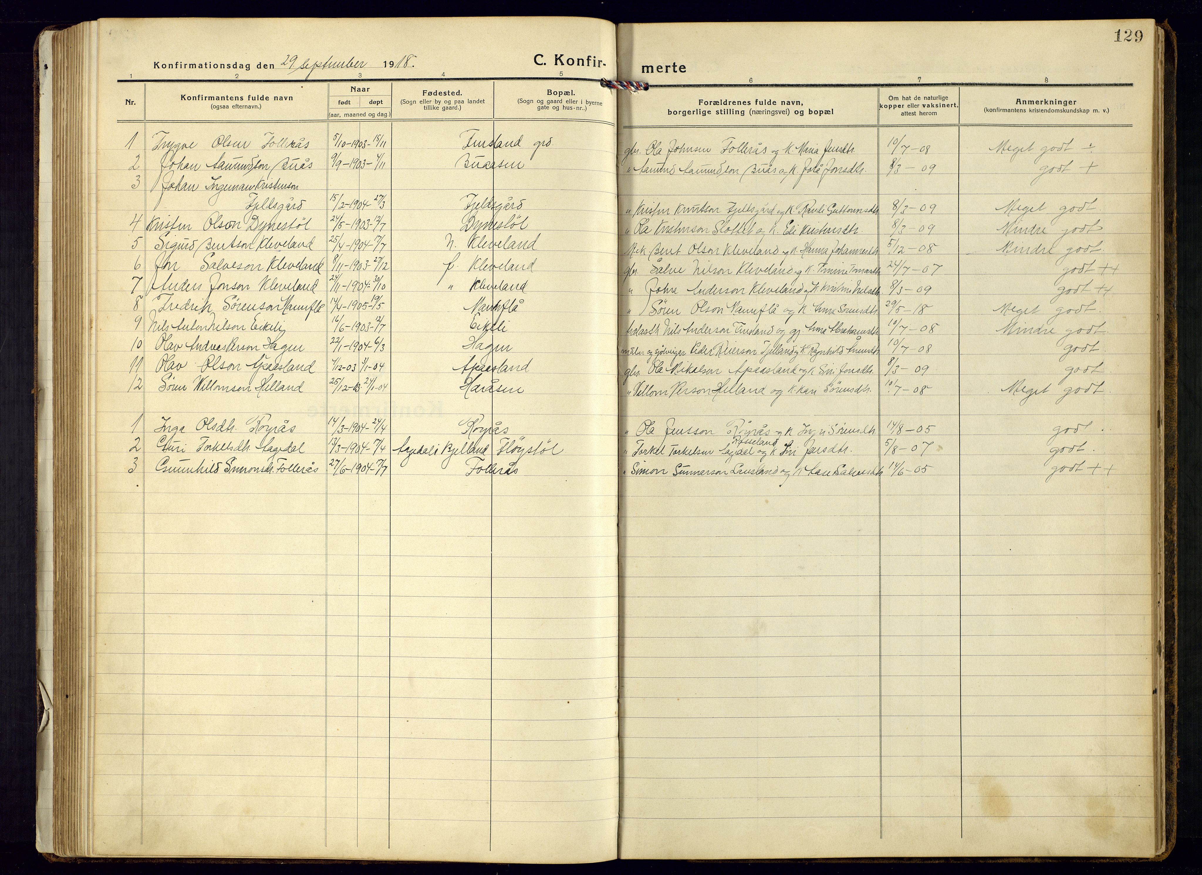 Bjelland sokneprestkontor, SAK/1111-0005/F/Fb/Fbb/L0006: Parish register (copy) no. B-6, 1918-1946, p. 129