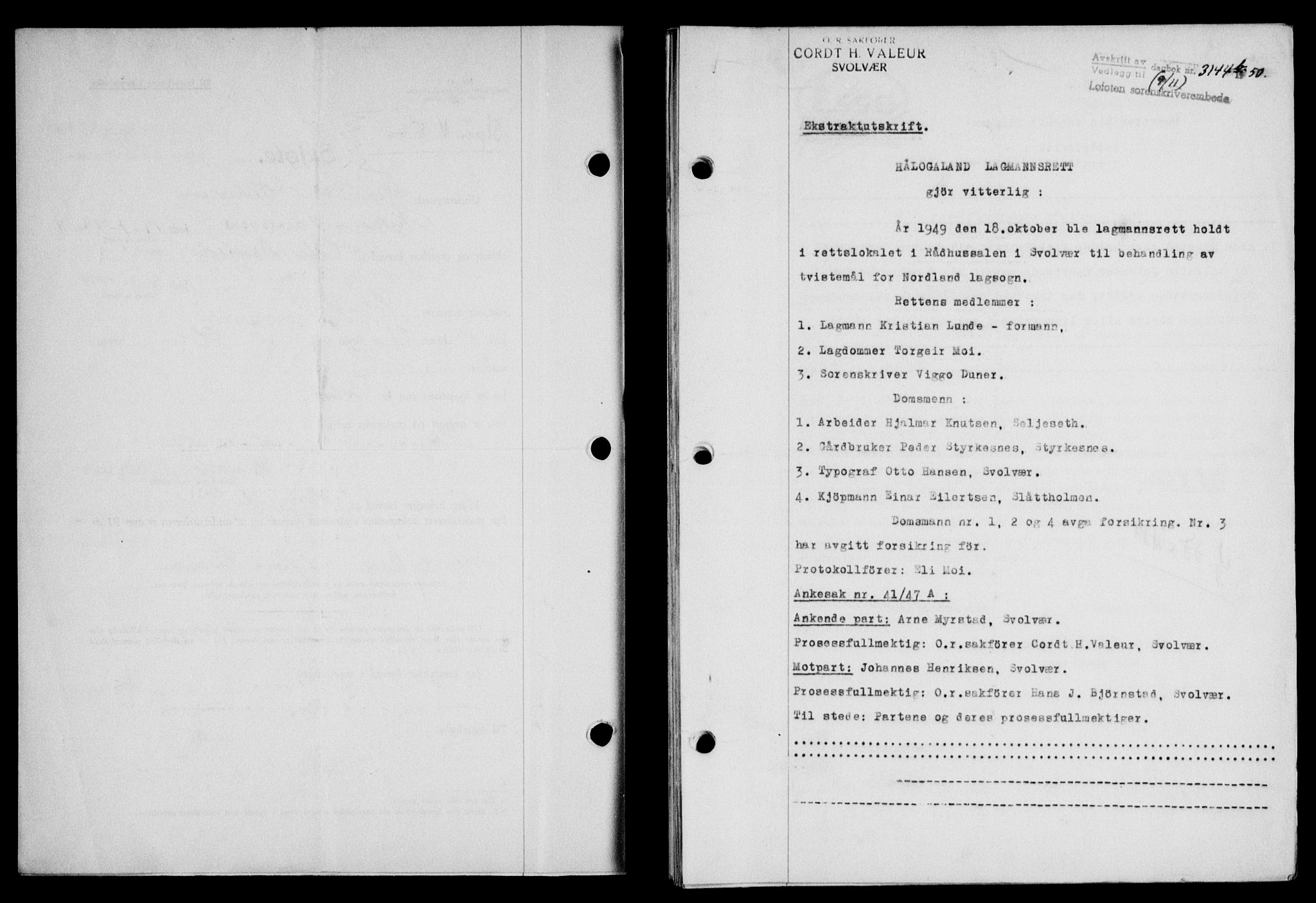 Lofoten sorenskriveri, SAT/A-0017/1/2/2C/L0025a: Mortgage book no. 25a, 1950-1951, Diary no: : 3144/1950