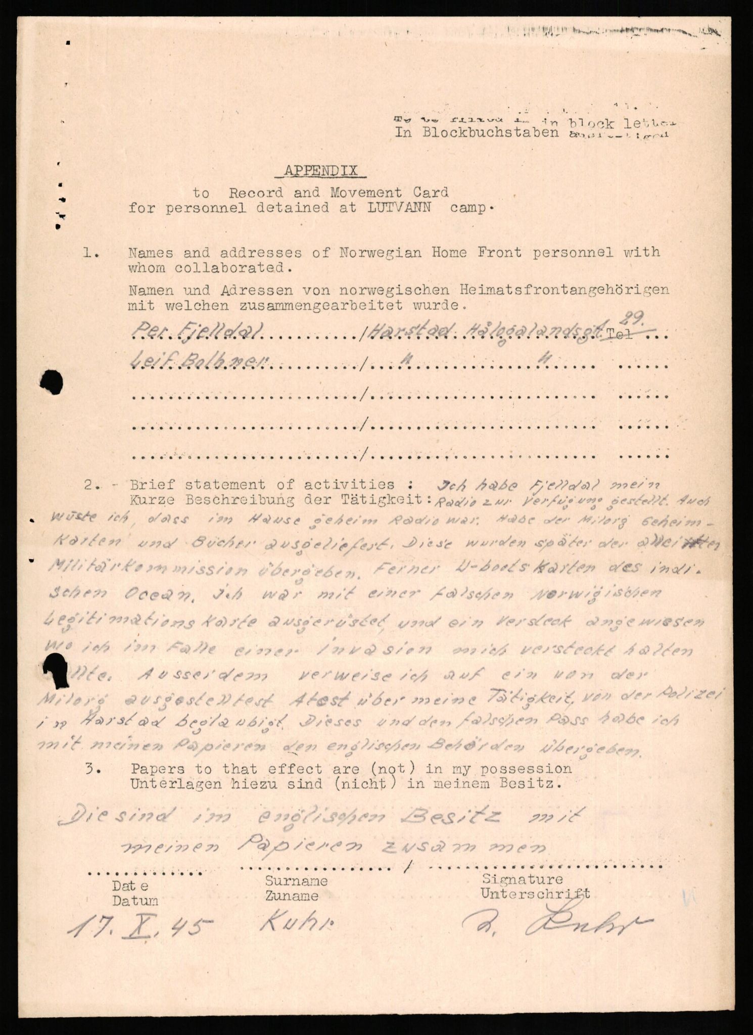 Forsvaret, Forsvarets overkommando II, AV/RA-RAFA-3915/D/Db/L0018: CI Questionaires. Tyske okkupasjonsstyrker i Norge. Tyskere., 1945-1946, p. 468