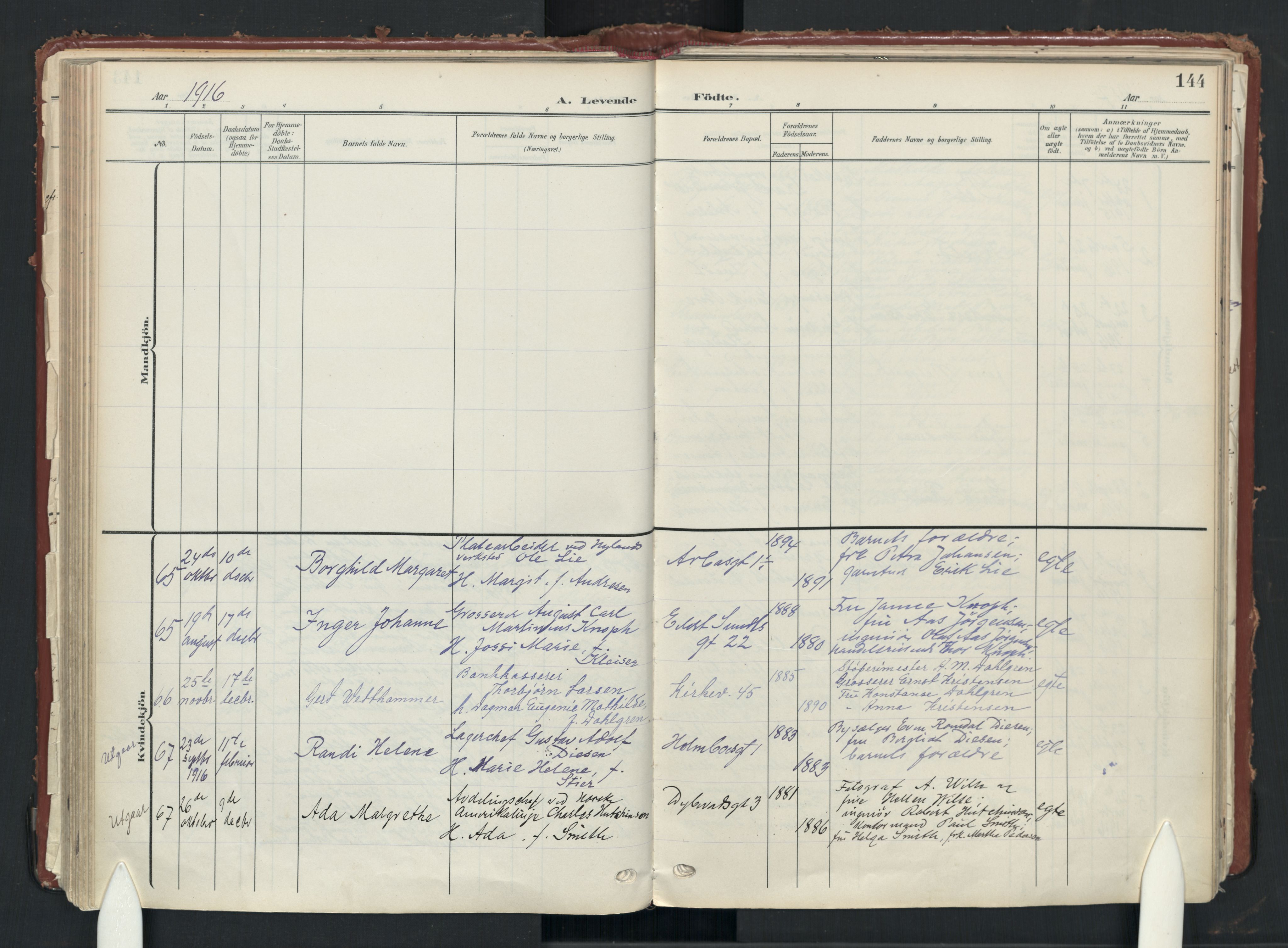 Uranienborg prestekontor Kirkebøker, AV/SAO-A-10877/F/Fa/L0010: Parish register (official) no. I 10, 1907-1928, p. 144