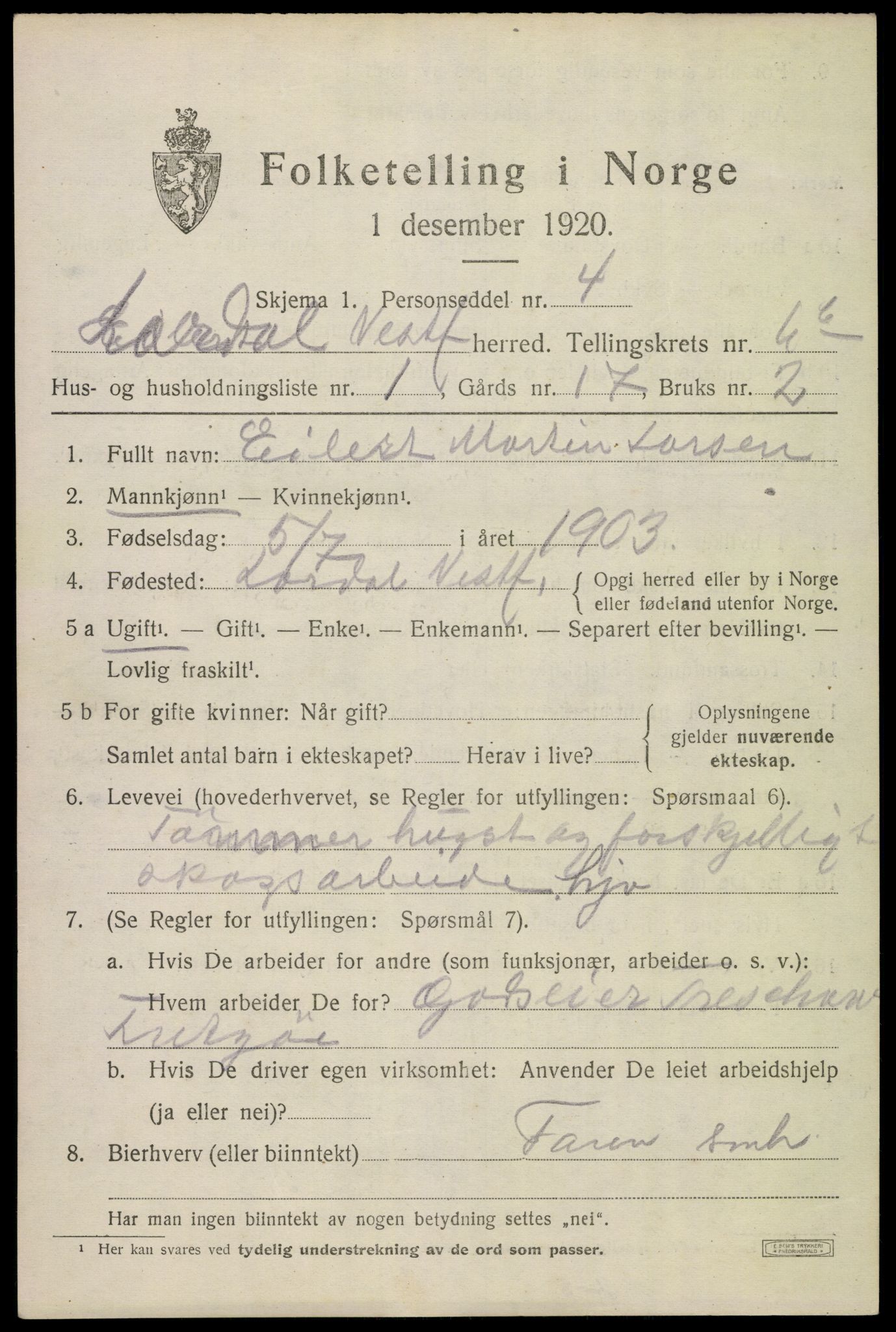 SAKO, 1920 census for Lardal, 1920, p. 5835