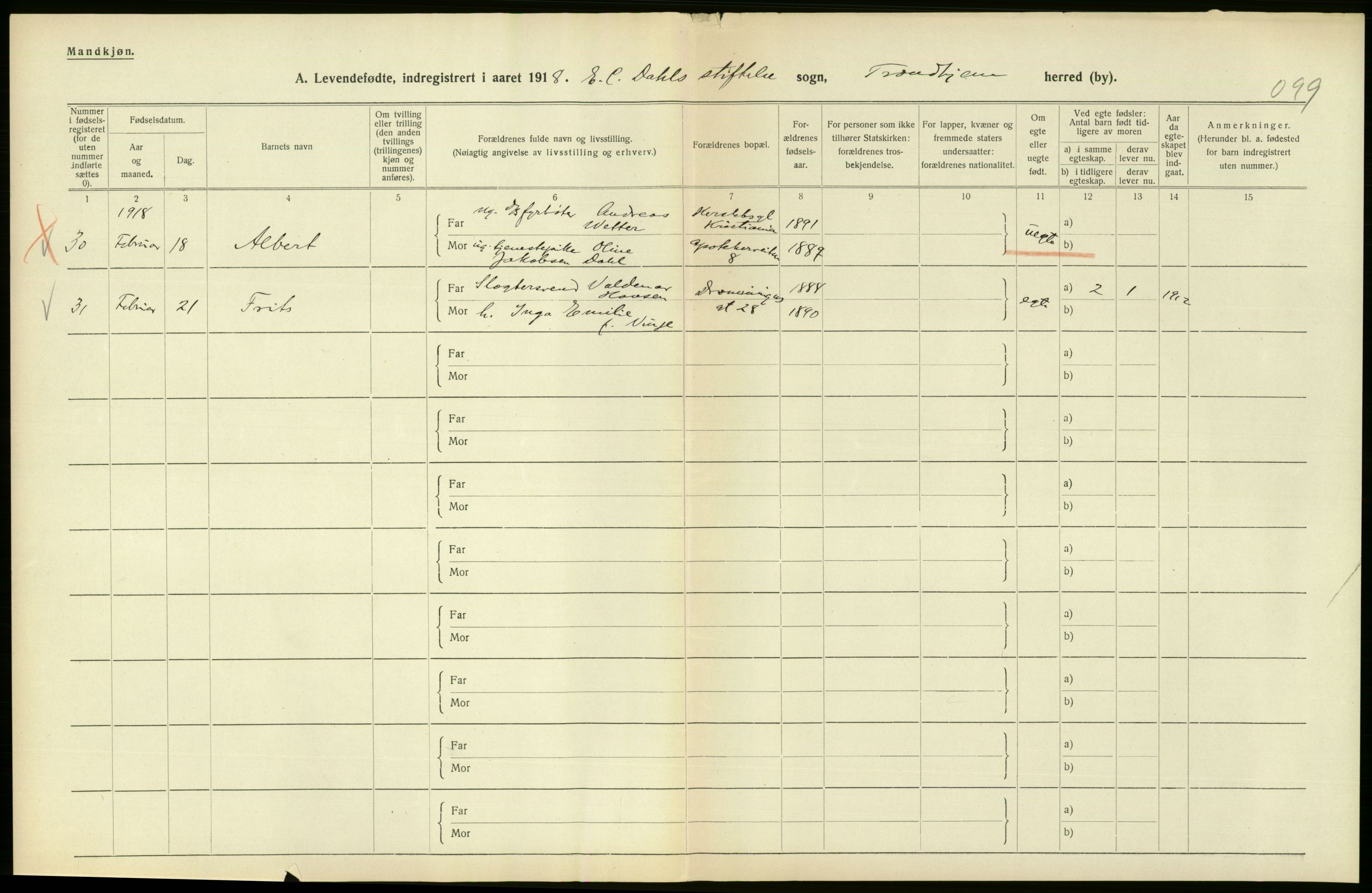 Statistisk sentralbyrå, Sosiodemografiske emner, Befolkning, RA/S-2228/D/Df/Dfb/Dfbh/L0048: Trondheim: Levendefødte menn og kvinner, gifte., 1918, p. 448