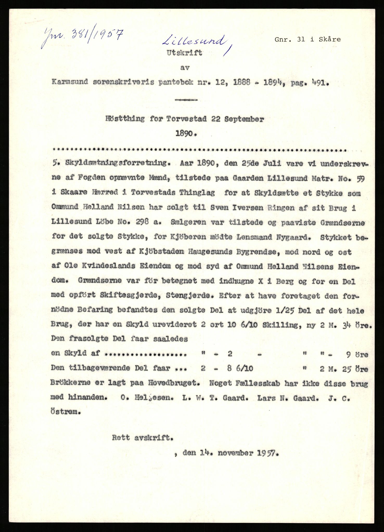 Statsarkivet i Stavanger, SAST/A-101971/03/Y/Yj/L0054: Avskrifter sortert etter gårdsnavn: Lillehammer - Lunde, 1750-1930, p. 45