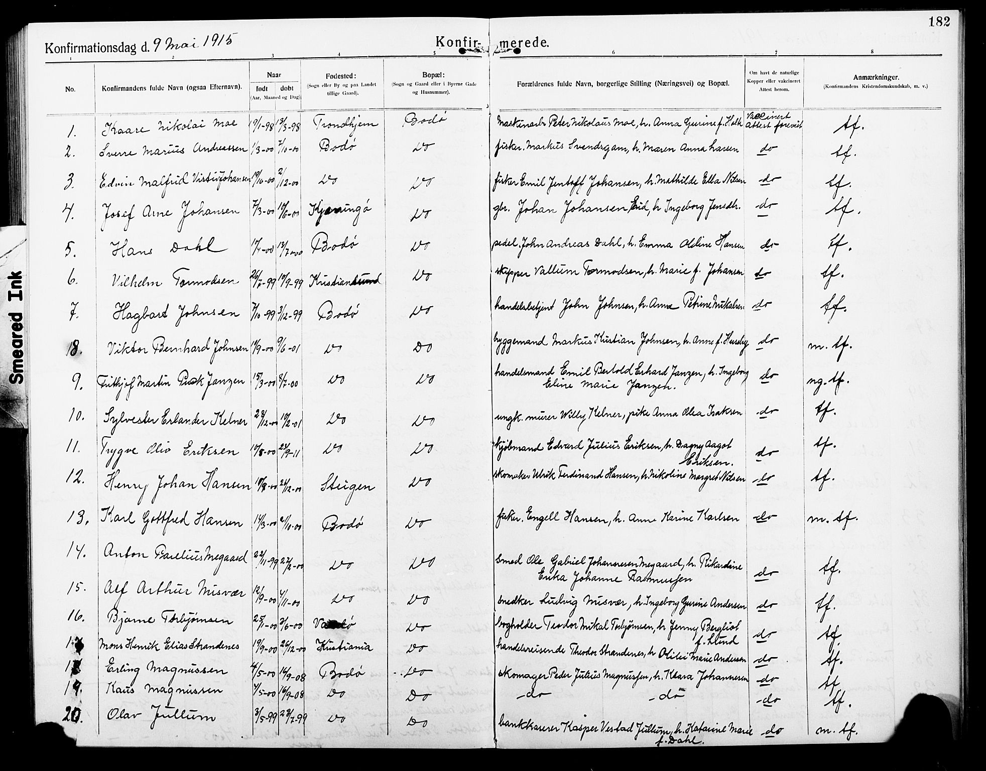 Ministerialprotokoller, klokkerbøker og fødselsregistre - Nordland, SAT/A-1459/801/L0034: Parish register (copy) no. 801C09, 1910-1922, p. 182