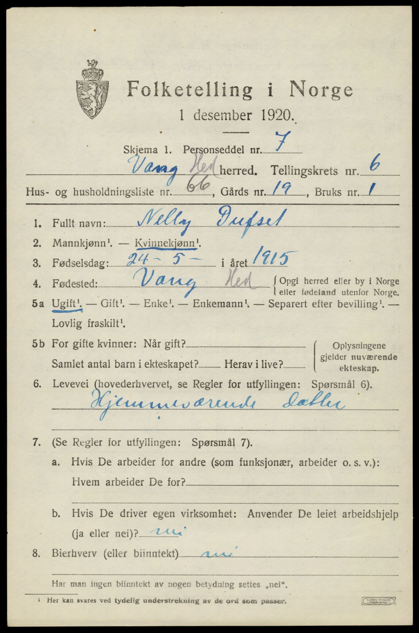 SAH, 1920 census for Vang (Hedmark), 1920, p. 16023