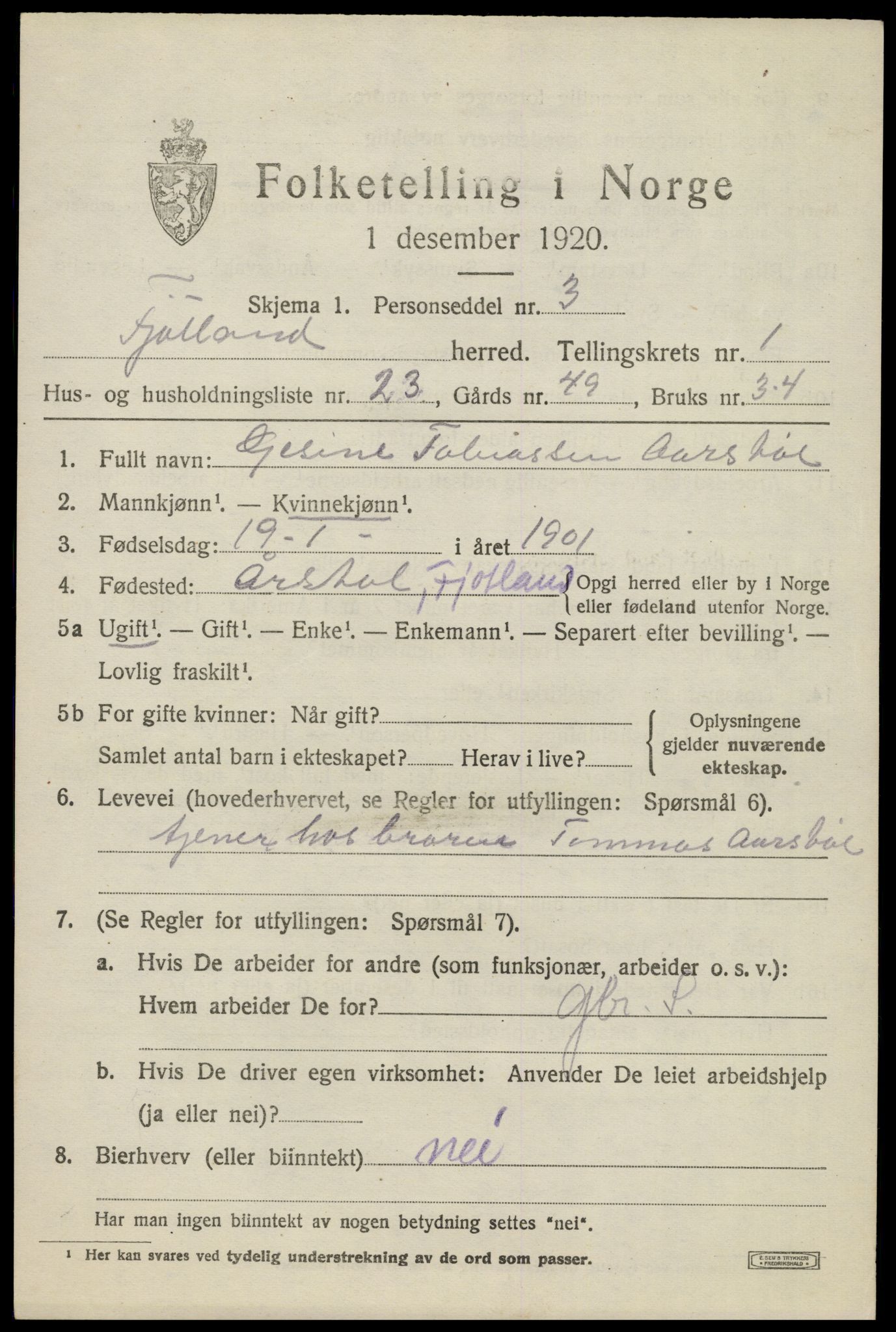 SAK, 1920 census for Fjotland, 1920, p. 680