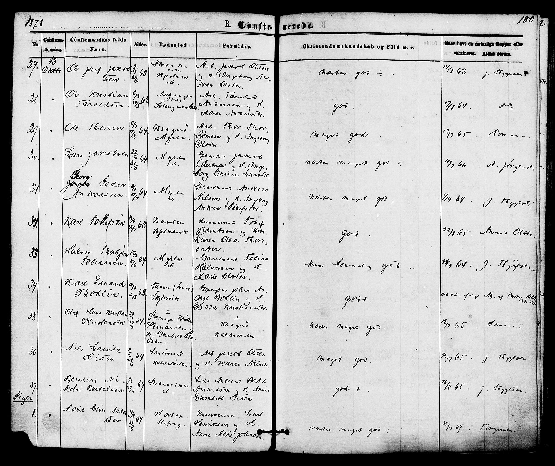 Skåtøy kirkebøker, AV/SAKO-A-304/F/Fa/L0001: Parish register (official) no. I 1, 1874-1883, p. 180