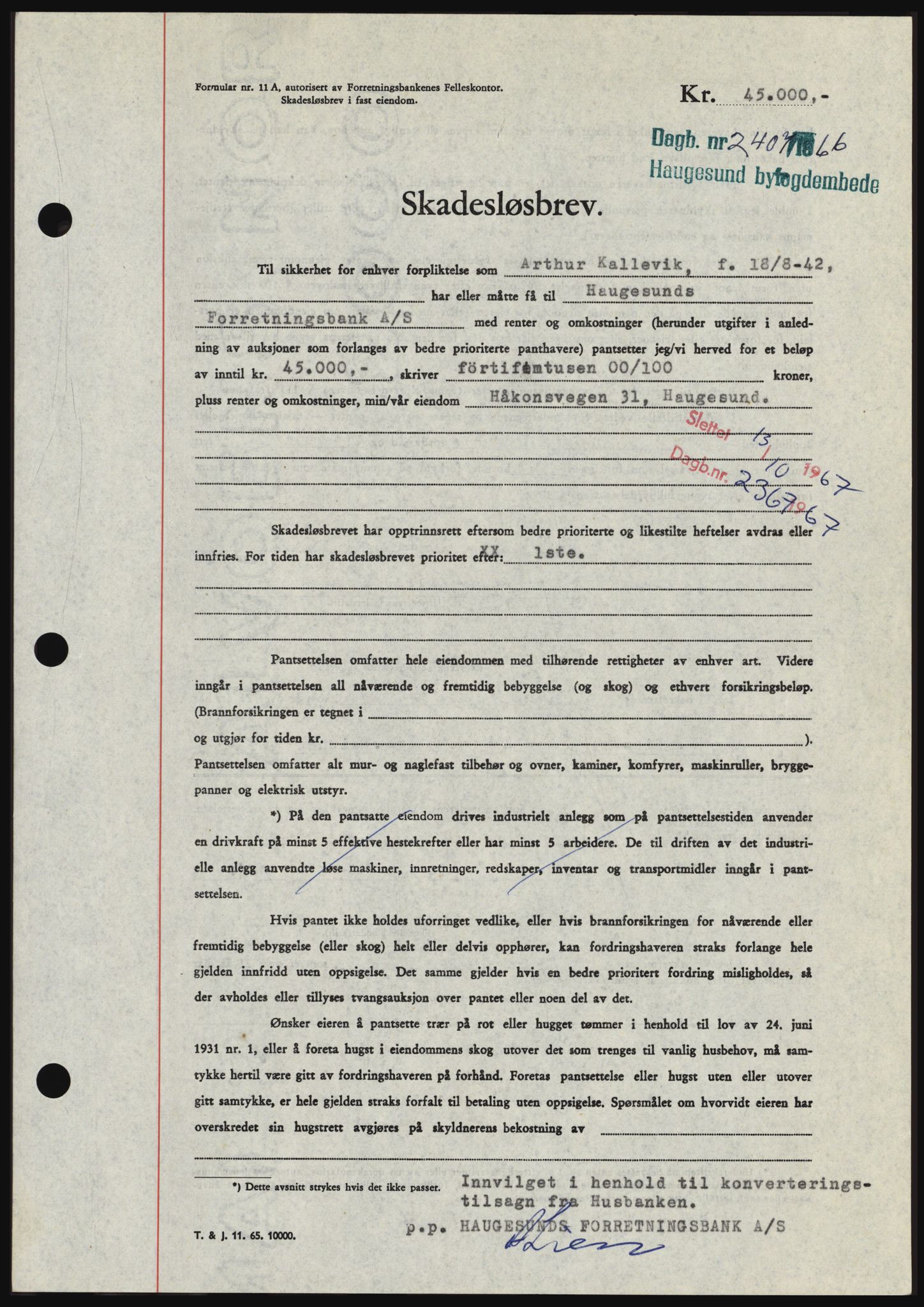 Haugesund tingrett, AV/SAST-A-101415/01/II/IIC/L0055: Mortgage book no. B 55, 1966-1966, Diary no: : 2407/1966