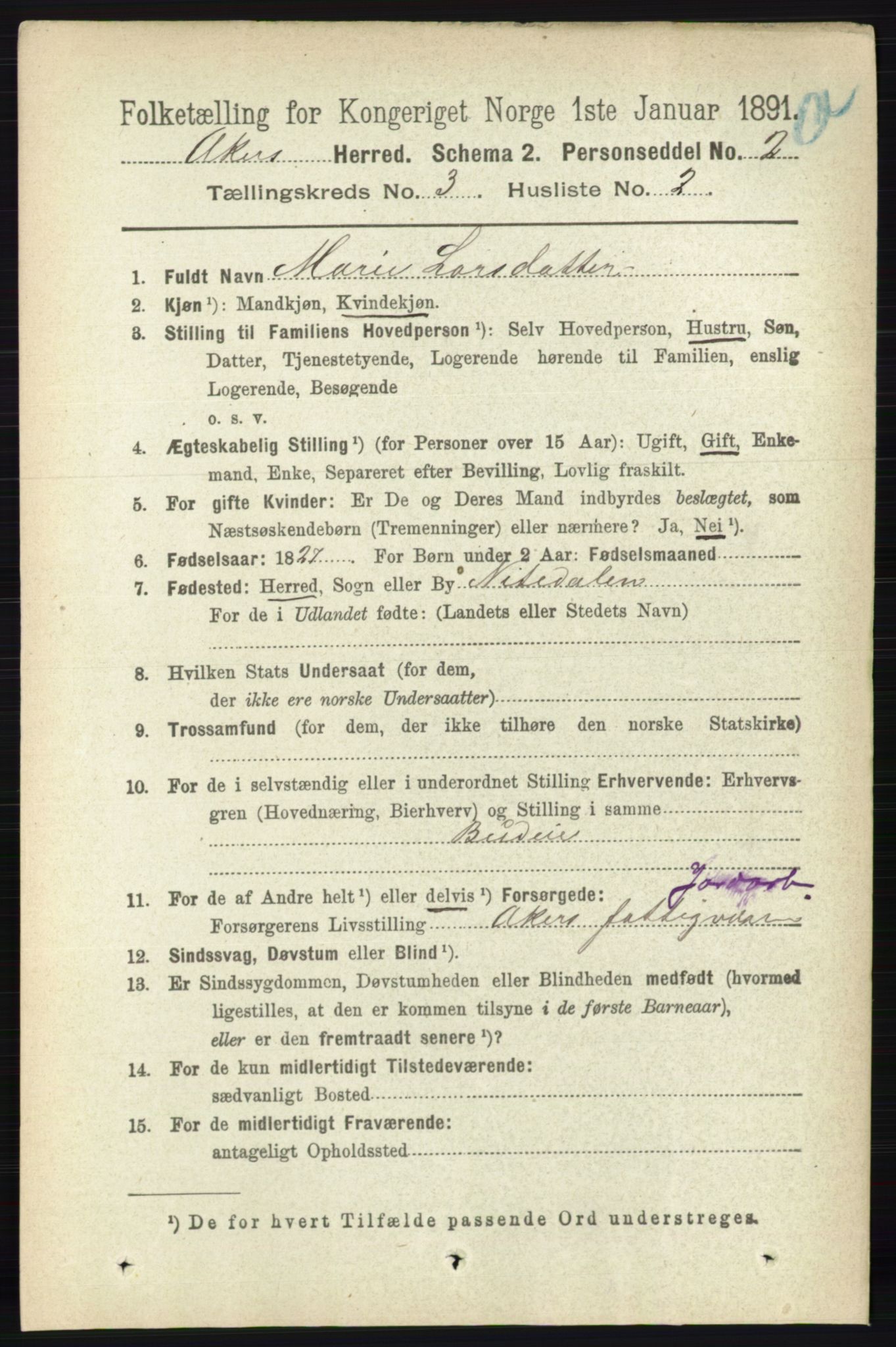 RA, 1891 census for 0218 Aker, 1891, p. 2934