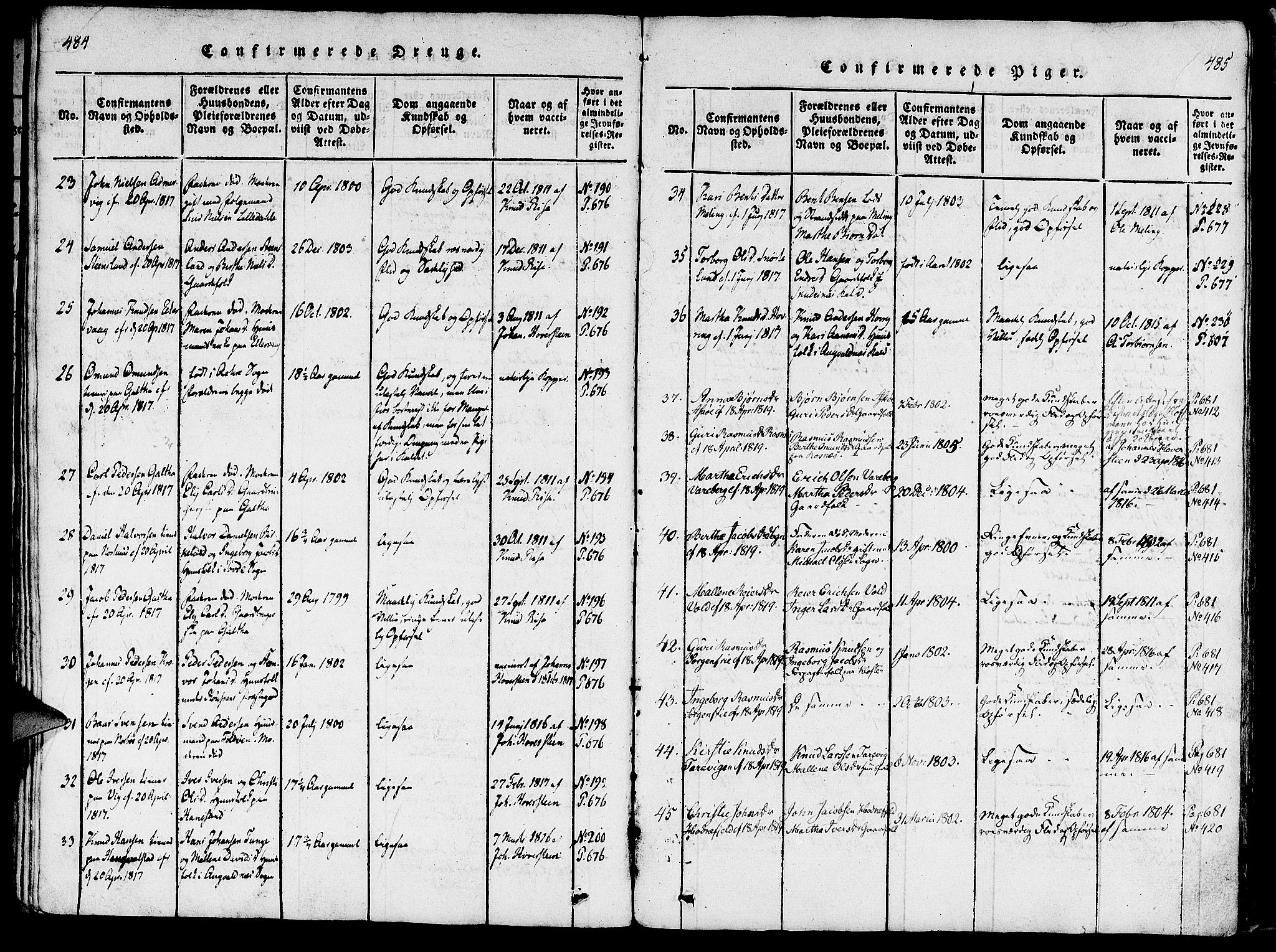 Rennesøy sokneprestkontor, AV/SAST-A -101827/H/Ha/Haa/L0004: Parish register (official) no. A 4, 1816-1837, p. 484-485