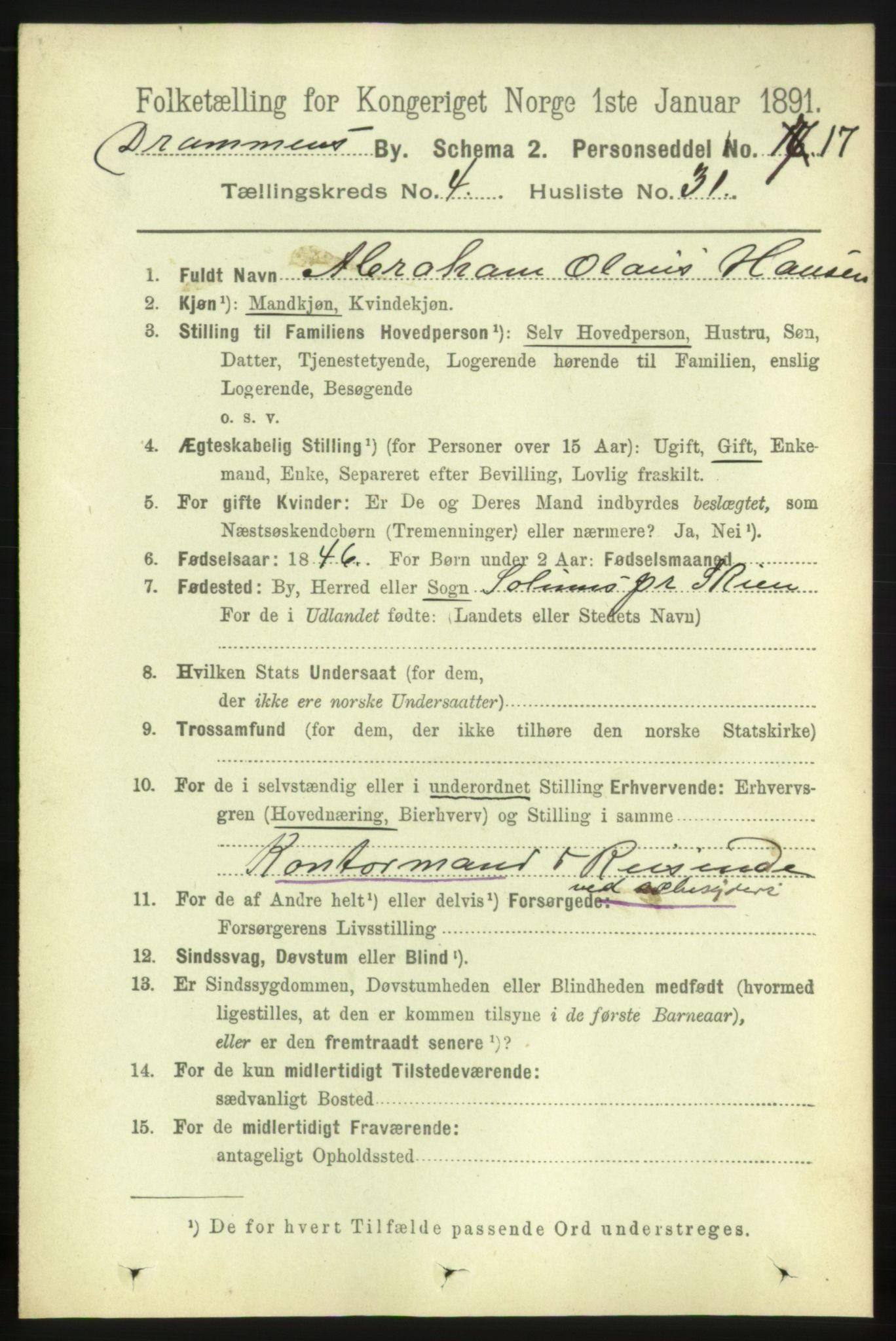 RA, 1891 census for 0602 Drammen, 1891, p. 5677