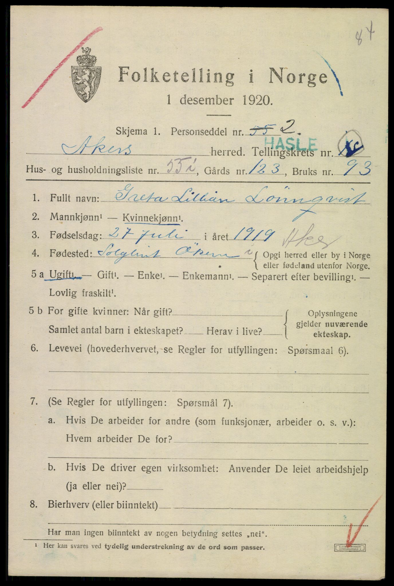 SAO, 1920 census for Aker, 1920, p. 110384