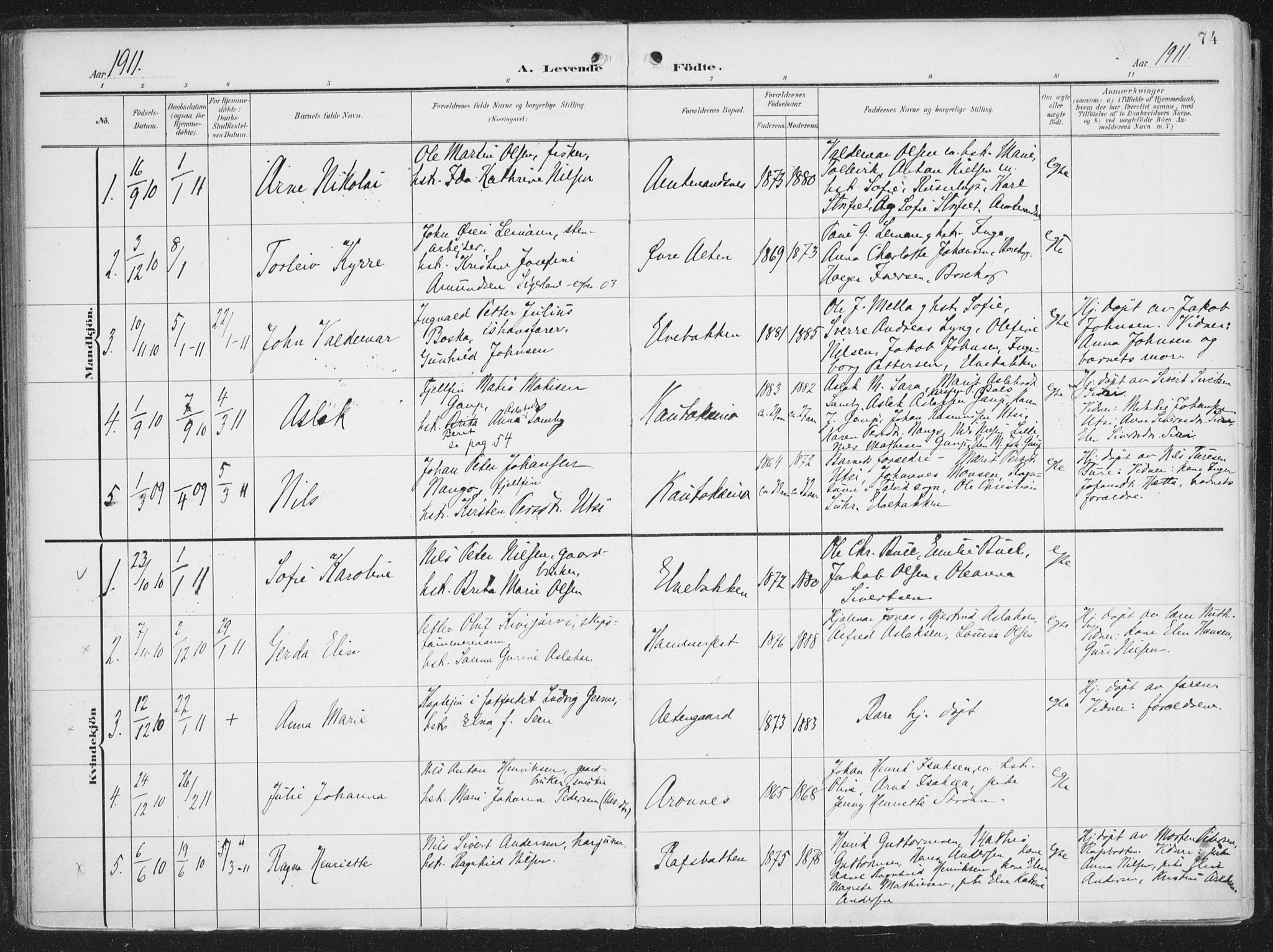 Alta sokneprestkontor, SATØ/S-1338/H/Ha/L0005.kirke: Parish register (official) no. 5, 1904-1918, p. 74